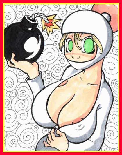 armor beige_skin blonde_hair blush bomb bomberman breasts color female female_only front_view green_eyes hair helmet hudson_soft looking_at_viewer open_eyes rule_63 solo tagme