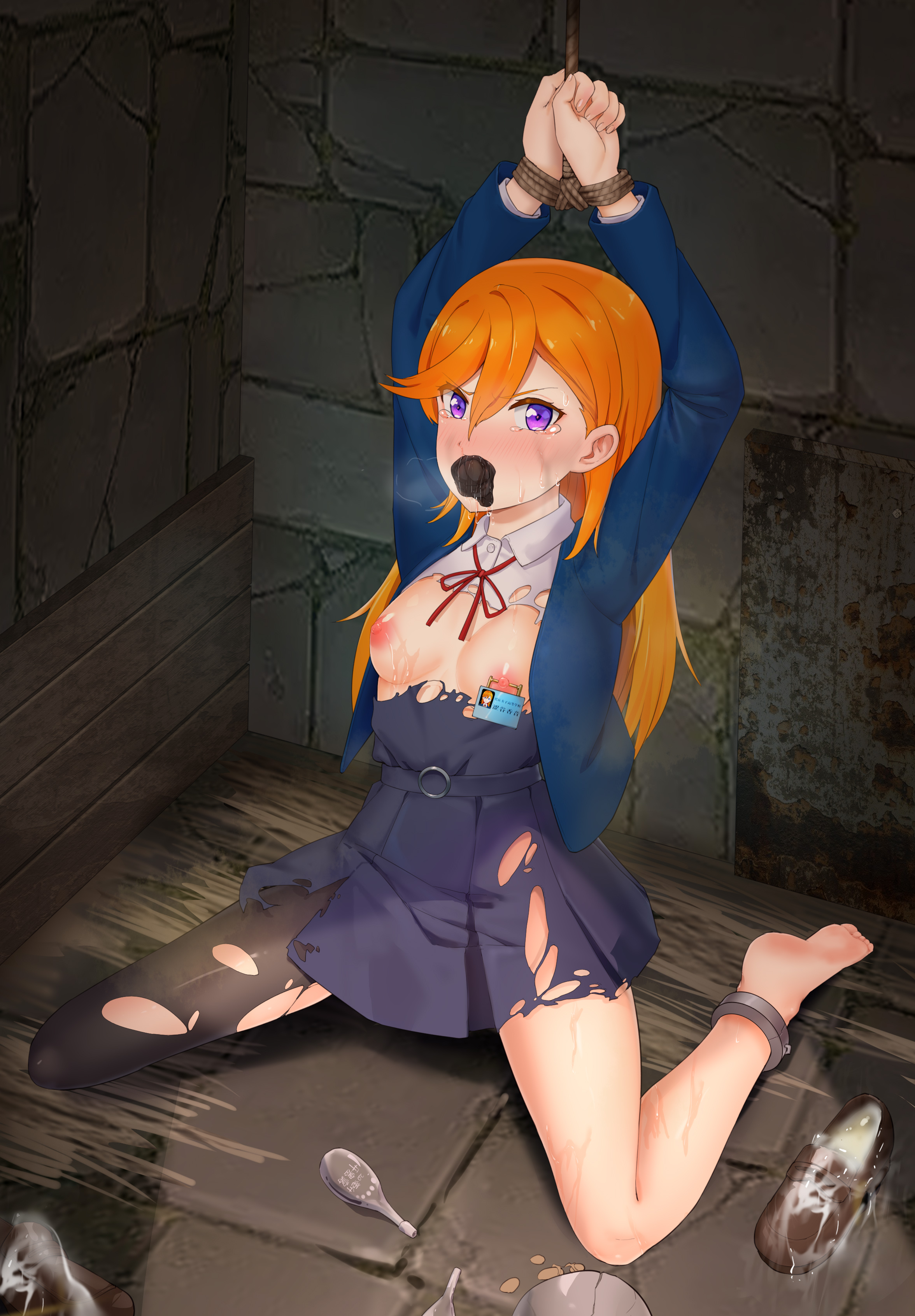 blush, bondage, bound, bound ankles, bound wrists, breasts, cum in shoe, female, female only, femsub, gag, gagged, looking at viewer, love live!, love live! superstar!!, nipple piercing, nipple tag, nipples, orange hair, piercing, purple eyes, shibuya kanon, sock in mouth, stuffed mouth gag, topless, torn clothing