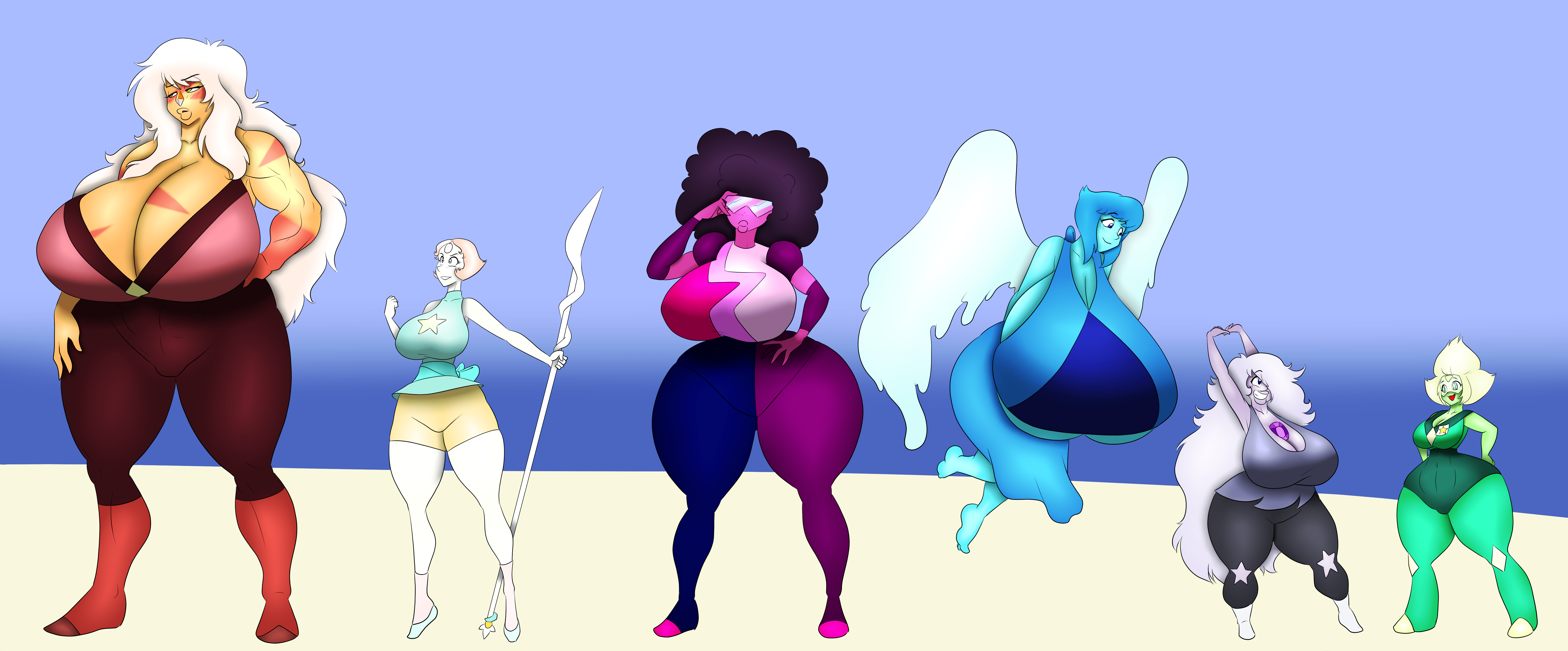 6girls, amethyst (steven universe), breasts, cartoon network, female, female only, garnet (steven universe), gem (species), gem fusion, huge breasts, hyper breasts, jasper (steven universe), lapis lazuli (steven universe), marauder6272, pearl (steven universe), peridot (steven universe), steven universe, thick thighs, wide hips
