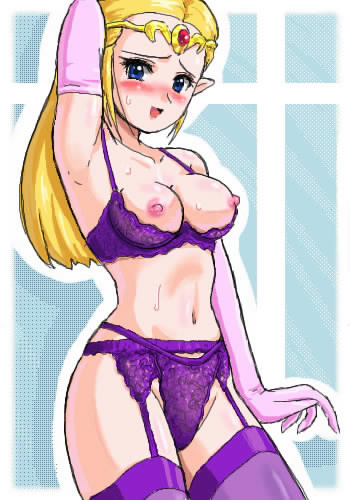 armpits arms_up blonde_hair blue_eyes blush bra breastless_clothes breastless_clothing breasts crown cupless_bra elbow_gloves female female_only garter_belt gloves hat hylian konpeto lingerie long_hair lowres navel nintendo nipples ocarina_of_time oekaki open_cup_bra panties pointy_ears princess_zelda purple_bra purple_legwear purple_panties purple_thighhighs shelf_bra solo standing straight_hair sweat the_legend_of_zelda thighhighs thong tiara underwear zelda_(ocarina_of_time)