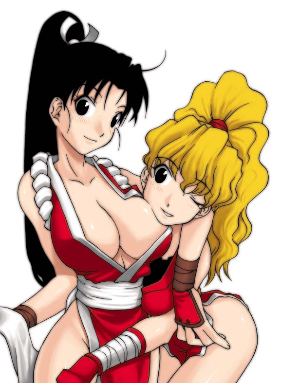 2girls blush breasts capcom cleavage crossover female female_only final_fight human king_of_fighters lowres mai_shiranui maki_genryusai multiple_females multiple_girls pointy_chin smile snk wink yuri