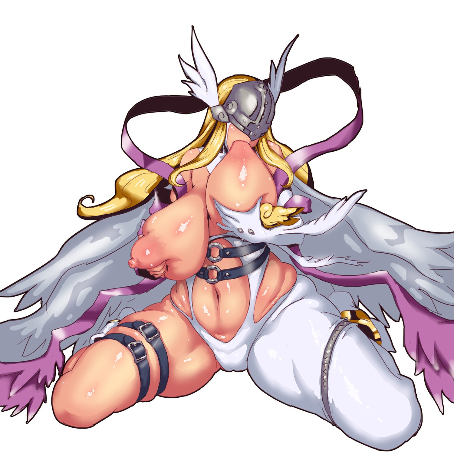 angel, angel wings, angewomon, areolae, artist request, bandai, blonde hair, breast grab, breast sucking, breasts, digimon, female, helmet, huge breasts, legs, long hair, nipples, plump, self breast sucking, self sucking, shiny skin, sitting, solo, thick thighs, wide hips