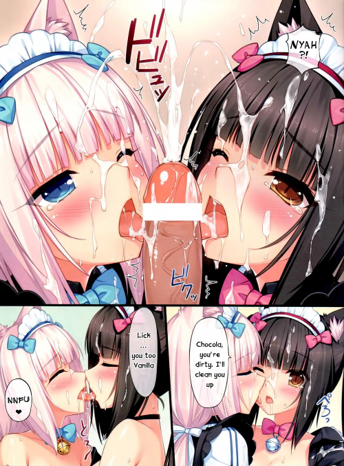 1boy, 2girls, bar censor, cat ears, cat girl, catgirl, censored, chocola (sayori), collaborative fellatio, color, comic, cum, cum on hair, double fellatio, ejaculation, english text, facial, fellatio, female, female focus, hair, incest, maid, male, multiple fellatio, multiple females, multiple girls, nekopara, oral, sayori, tagme, teamwork, text, vanilla (sayori)