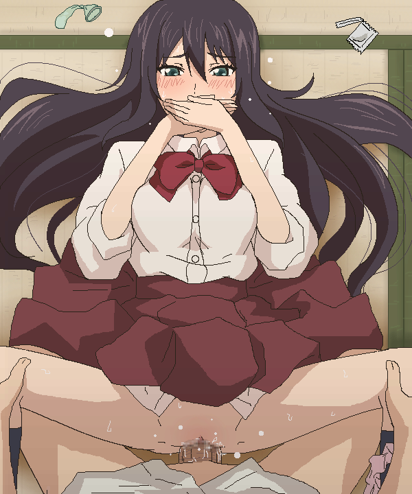 1boy amaama_to_inazuma black_hair blush bow censored clothed_sex condom covering_mouth dress_shirt female green_eyes hands_over_mouth iida_kotori long_hair lying missionary mosaic_censoring on_back panties panties_around_one_leg penis sex shirt skirt sleeves_rolled_up solo_focus spread_legs straight sweat tomu_(tomubobu) underwear used_condom vaginal_penetration