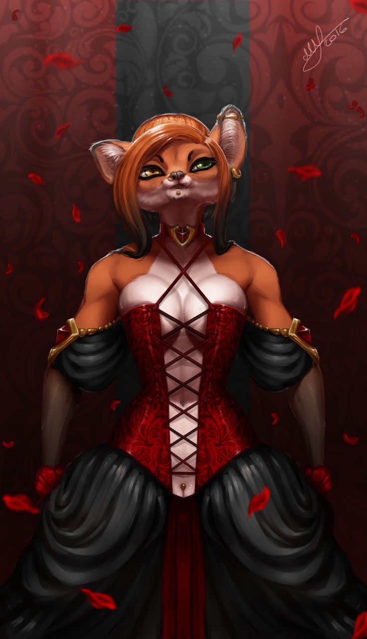 anthro breasts canine choker clitoris clothed clothing corset facial_piercing female fox fur hair lingerie lip_piercing mammal piercing pussy solo thescarletartist