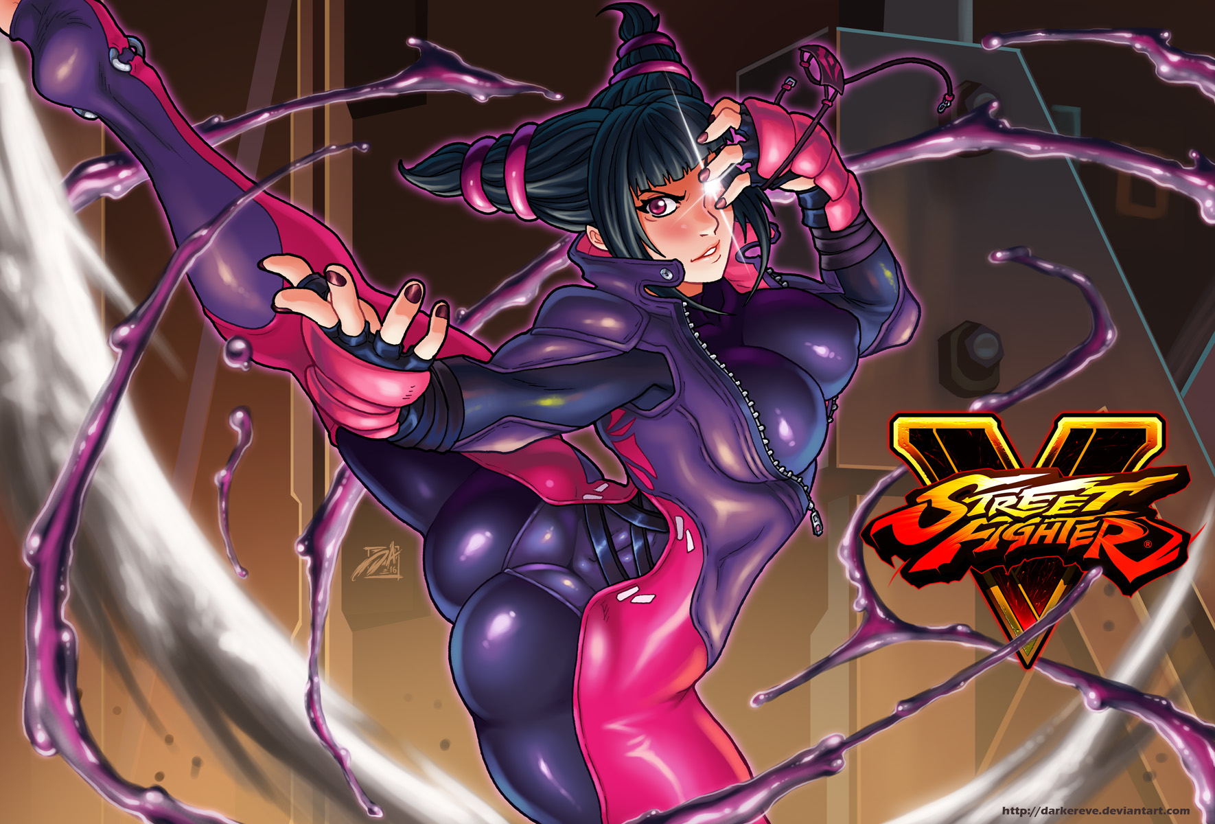 ass, bangs, big ass, black hair, black nails, blush, bodysuit, breasts, bubble ass, bubble butt, capcom, clothed, darkereve, eye patch, eyelashes, eyepatch removed, feet, female, female only, fighting stance, fingerless gloves, flexible, frown, gloves, glowing eye, human, juri han, large breasts, latex, nail polish, nipple bulge, purple eyes, sidelocks, signature, skin tight, soles, solo, street fighter, street fighter v, twin drills