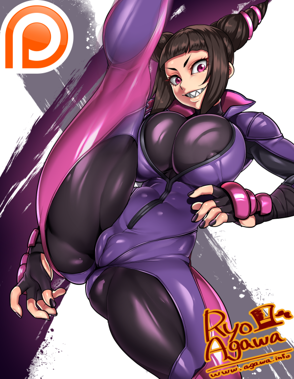abstract background, ass, bangs, big ass, black hair, black nails, bodysuit, breasts, cameltoe, capcom, clothed, clothing skin, eyelashes, female, female only, fingerless gloves, flexible, gloves, huge breasts, human, juri han, latex, nail polish, nipple bulge, pink eyes, plump labia, pussy, ryo agawa, sharp teeth, signature, skin tight, smile, solo, spread legs, street fighter, street fighter v, thick thighs, twin drills, web address, wide eyed