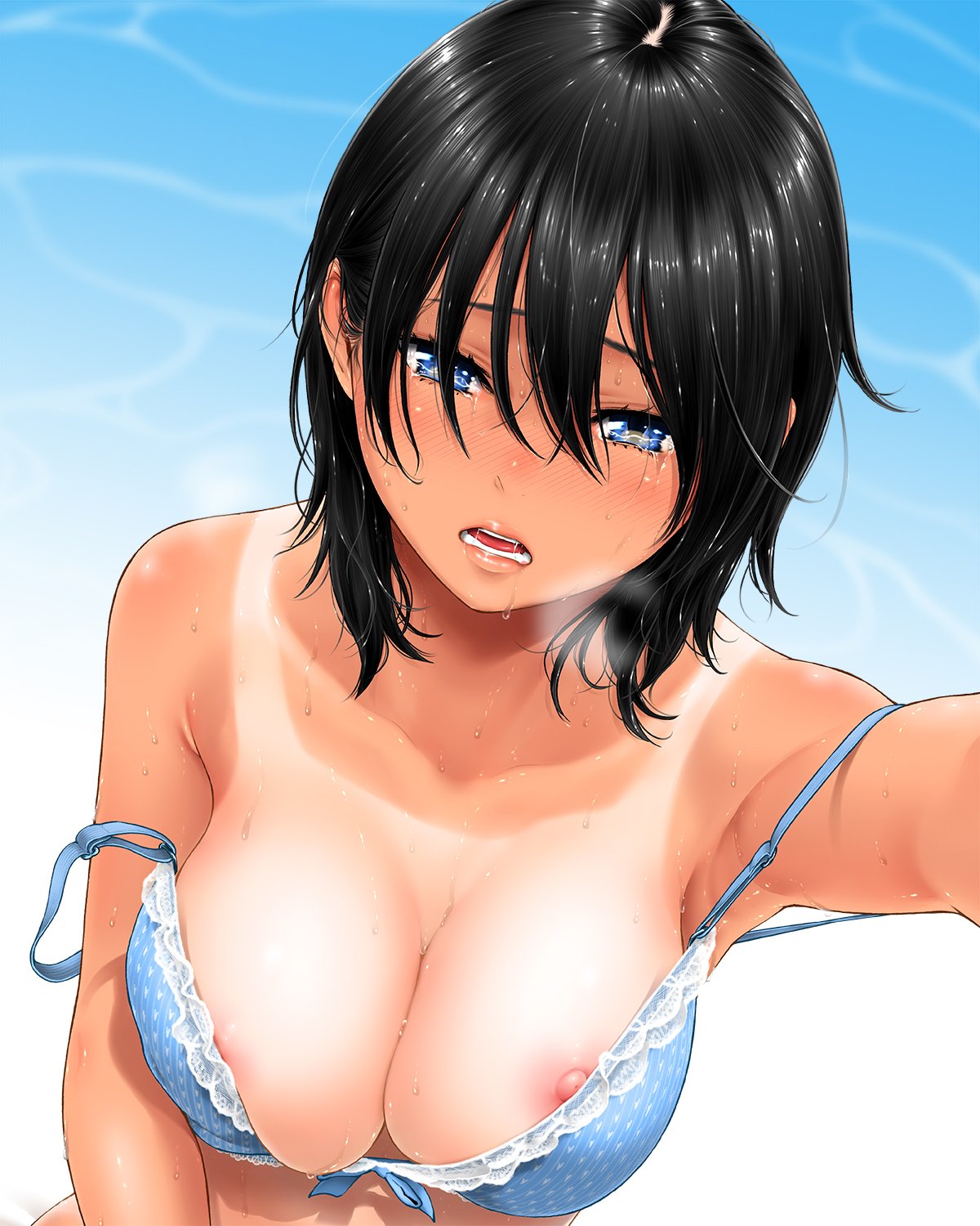 arm up, artist request, black hair, blue bra, blue eyes, blush, bra, breasts, breath, cleavage, crying, crying with eyes open, dutch angle, female, hair between eyes, highres, lace, lace-trimmed bra, large breasts, lips, looking at viewer, medium hair, nipple slip, nipples, one-piece tan, original, parted lips, shiny, shiny hair, simple background, solo, strap slip, tan, tanline, tears, underwear, upper body, wet, wet hair