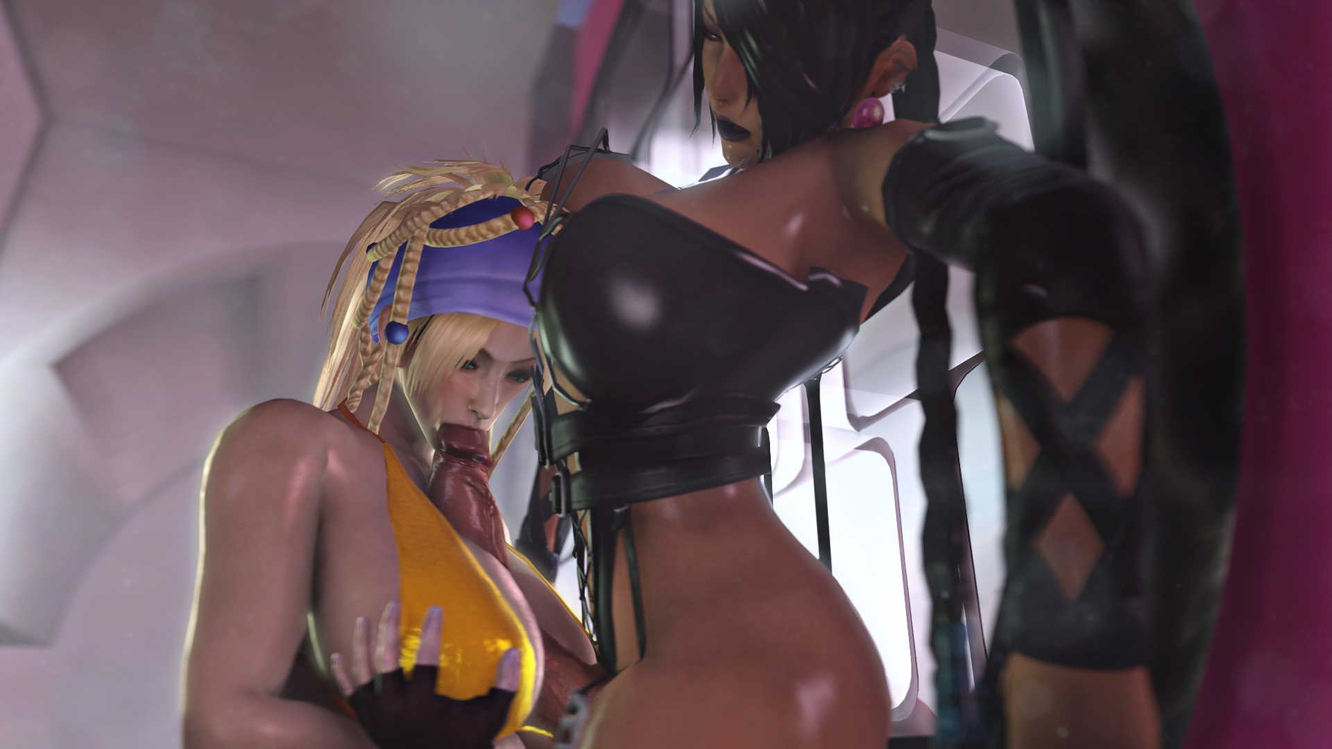1futa, 1girls, 3d, beauty mark, black hair, blonde hair, braided hair, breasts, cleavage, clothing, fellatio, female, final fantasy, final fantasy x, final fantasy x-2, futa on female, futanari, green eyes, hair over one eye, intersex, large penis, lulu (final fantasy), mitrild-sfm, oral, paizuri, penis, purple lips, red eyes, rikku, source filmmaker, titjob