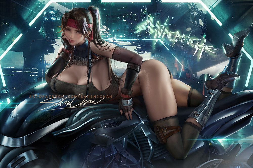 1girls, brown eyes, brown hair, female, female only, final fantasy, final fantasy vii, final fantasy vii remake, human, jessie rasberry, motorcycle, pale skin, panties, sakimichan, small panties, solo, solo female, solo focus, square enix, tagme, vehicle