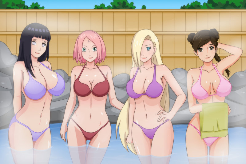 4girls, bathing, bathing together, bikini, black hair, black-haired female, blonde hair, blonde-haired female, blue eyes, braid, breasts, brown eyes, brown hair, brown-haired female, curvy, female, female only, fully clothed, green eyes, grey eyes, hyuuga hinata, ino yamanaka, long hair, multiple females, multiple girls, naruto, naruto (series), naruto: the last, onsen, pink hair, pink-haired female, purple eyes, sakura haruno, shablagooo, short hair, spa, tenten, voluptuous, water