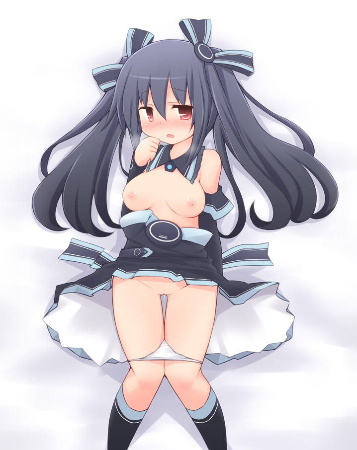 black_hair blush breasts female long_hair looking_at_viewer neptunia_(series) nipples panties panty_pull red_eyes sekiri underwear uni_(neptunia)