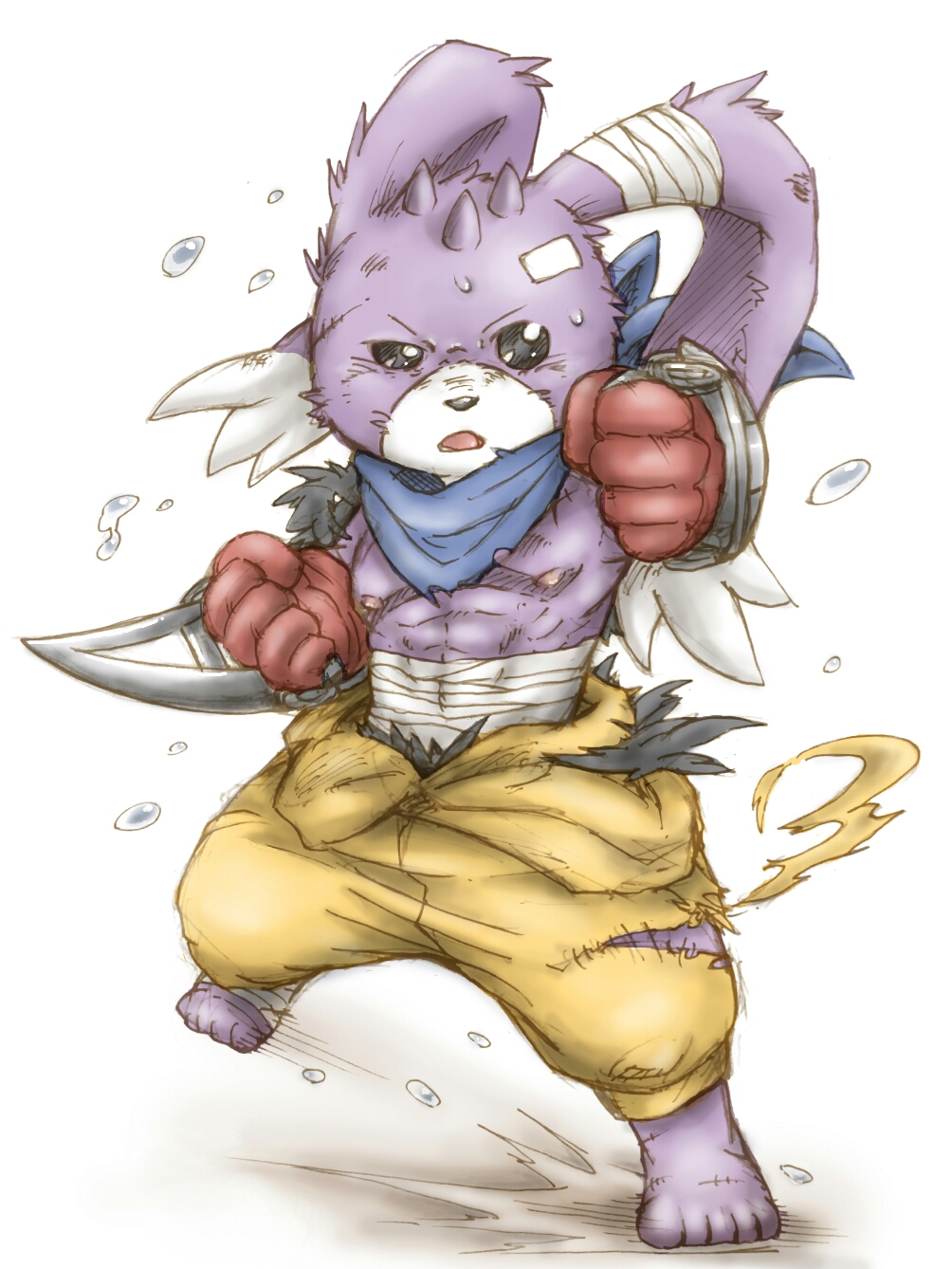 abs anthro athletic barefoot chest_wraps clothed clothing digimon ear_wraps fightertoned fighting_stance gloves lagomorph mammal neckerchief nipples open_mouth pecs punching scar solo suzutake sweat topless turuiemon wraps