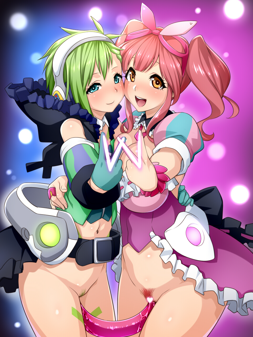 2girls :d aqua_gloves blue_eyes blush bottomless breasts brown_eyes censored cleavage clothing dildo double_dildo gloves green_hair headphones heart heart_censor highres hug looking_at_viewer macross macross_delta makina_nakajima medium_breasts multiple_girls navel open_mouth pink_hair pubic_hair pussy_juice r44 reina_prowler short_hair smile teeth v vaginal_penetration yuri