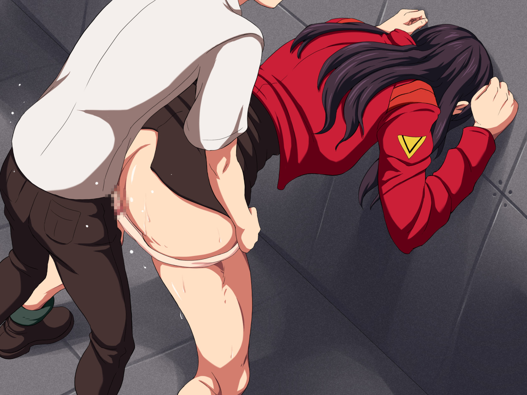 1girls, against wall, ass, bent over, black hair, breasts, censored, clothed sex, clothing, dress, female, from behind, gainax, highres, human, indoors, jacket, large breasts, legs, light skin, light-skinned female, long hair, long sleeves, maku (l-u), male, misato katsuragi, mosaic censoring, neon genesis evangelion, panties, panty pull, penetration, penis, pink panties, purple hair, pussy, sex, shinji ikari, shoes, socks, spread legs, sweat, the end of evangelion, thighs, underwear, vaginal penetration, wide hips