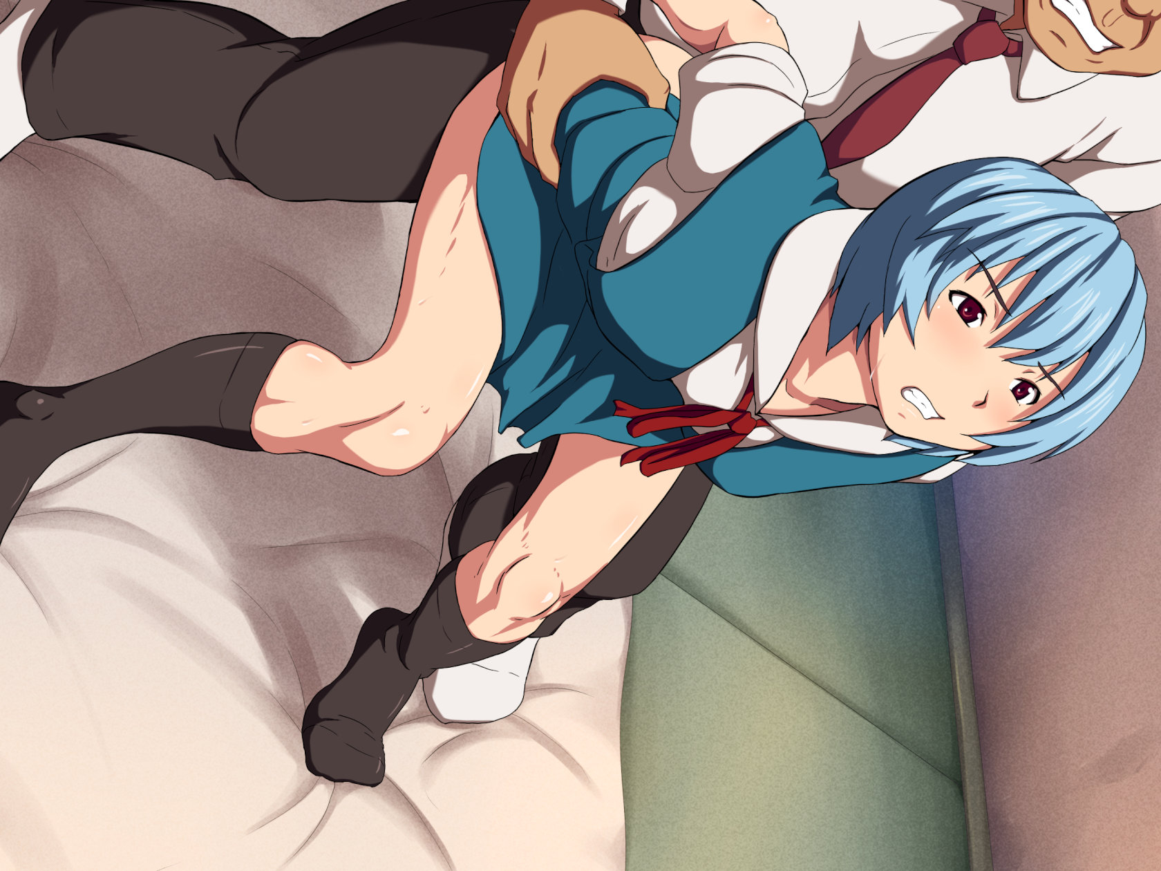 bent over, blue hair, blush, breasts, clenched teeth, clothed sex, clothing, collared shirt, dark-skinned male, fat male, feet, female, futon, highres, indoors, legs, looking away, maku (l-u), necktie, neon genesis evangelion, no panties, no shoes, pussy, red eyes, rei ayanami, school uniform, sex, short hair, short sleeves, small breasts, socks, solo focus, thighs, ugly bastard, vaginal penetration