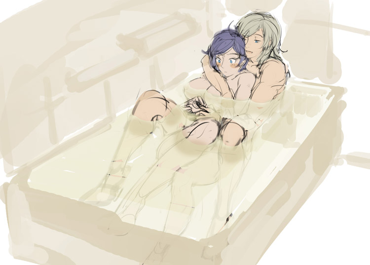 1boy androgynous arm_around_shoulder ash_crimson bath bathing bathroom blonde_hair blue_eyes blue_hair blush breasts closed_mouth elisabeth_blanctorche embarrassed female freckles full_body half-closed_eyes interlocked_fingers king_of_fighters large_breasts muse_(rainforest) nude open_mouth short_hair sketch straight