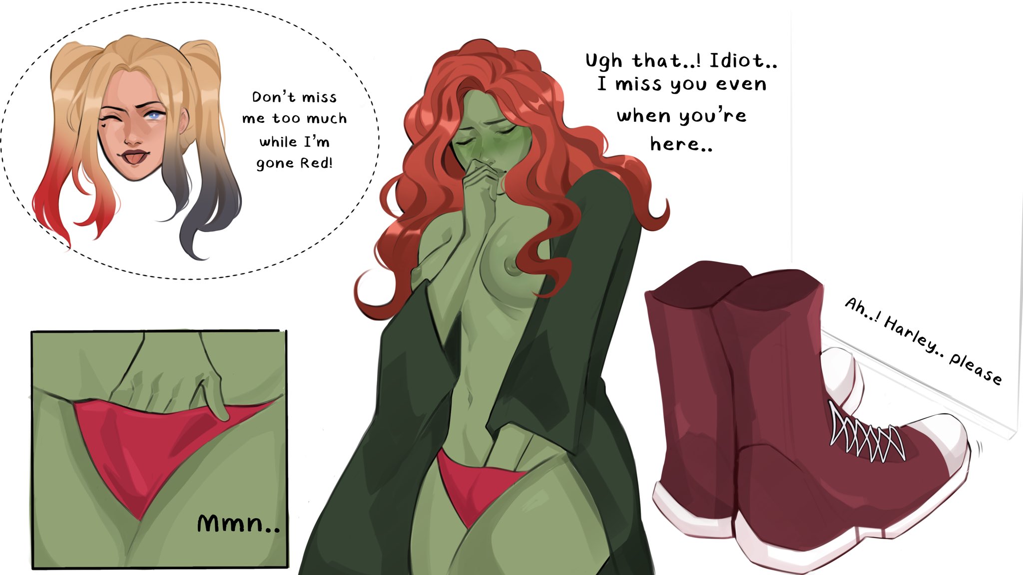 2022, 2girls, areolae, batman (series), blep, blonde hair, blue eyes, blush, breasts, closed eyes, dc, dc comics, dialogue, english text, fantasizing, female, female only, green skin, hand in own panties, hand in panties, harley quinn, hi res, highlights (coloring), lesbeanlatte, light skin, light-skinned female, long hair, masturbation, nipples, panties, pining, poison ivy, red hair, red panties, robe, sapphyxiate, text, touching self, twintails, white background, wink, winking at viewer, yuri