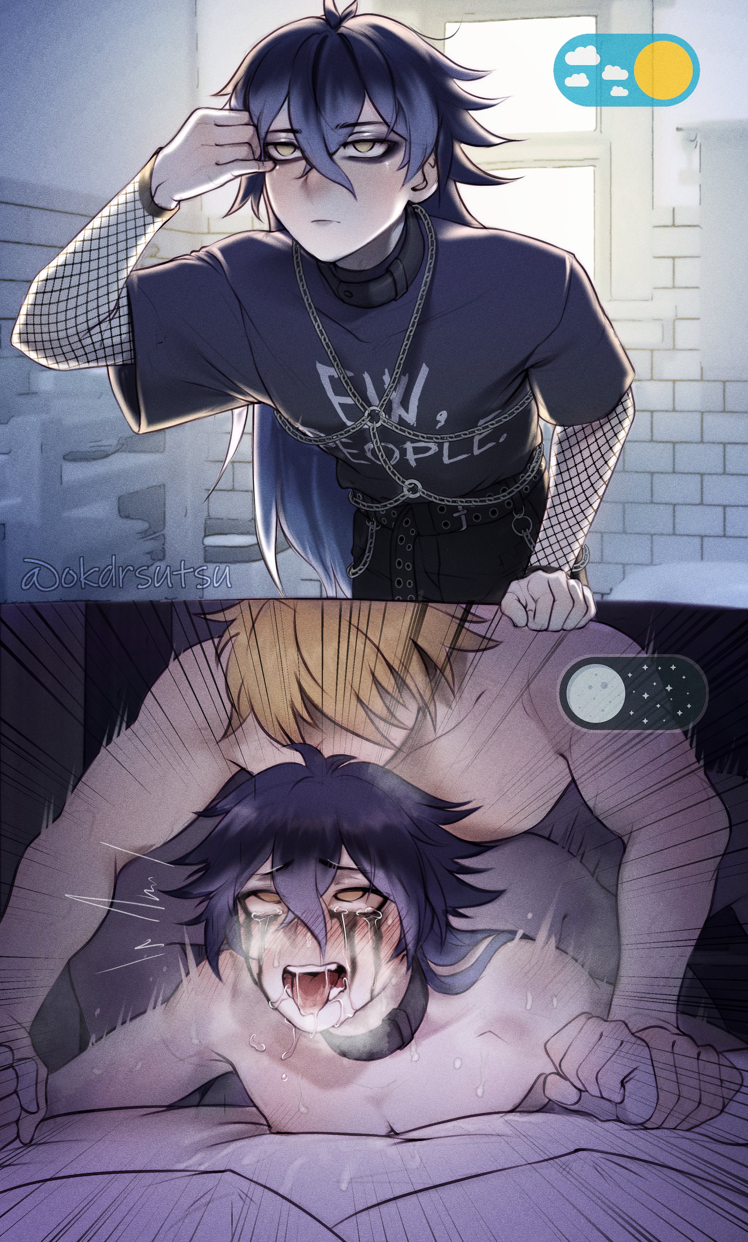 2boys, 2koma, absurdres, anal, anal sex, antenna hair, bed sheet, before and after, black hair, black pants, black shirt, blonde hair, blush, choker, comic, commentary, completely nude, e-boy, eboy, emo, emo boy, english commentary, fishnet, fishnet sleeves, fishnet topwear, fishnets, flins (genshin impact), gay, genshin impact, goth, goth boy, grey hair, highres, i cho (okdrsutsu), instant loss 2koma, long hair, makeup, male, male focus, male only, multiple boys, nude, o-ring, pants, prone bone, runny makeup, sex, shirt, short sleeves, tears, varka (genshin impact), yaoi