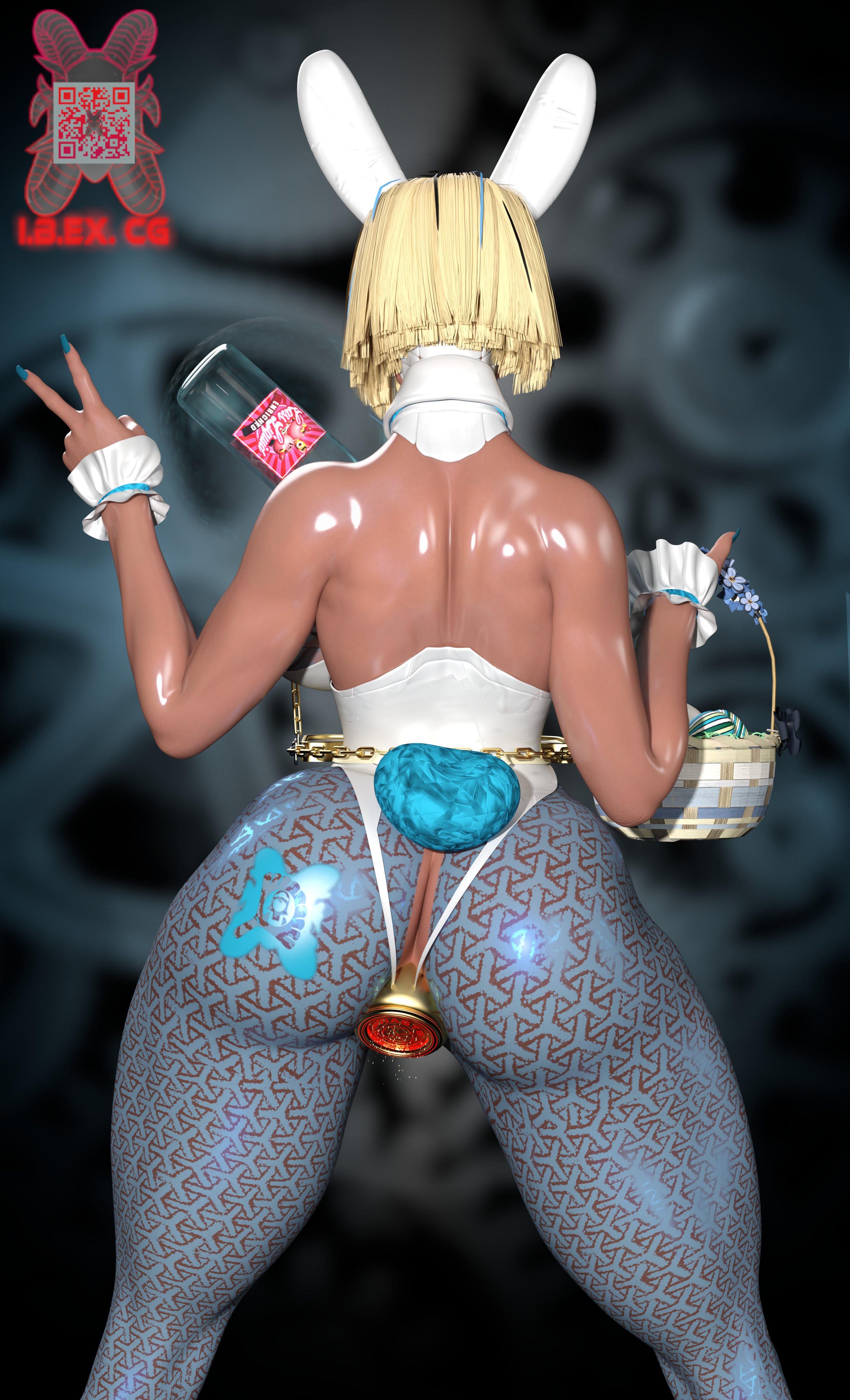 arms bent, ass, ass bigger than head, bare shoulders, behind view, big ass, blonde female, blonde hair, blue nails, bob cut, body modification, bodysuit, bunny ears, bunnysuit, corruption, crotchless, drone, dronification, emma frost, emma frost (marvel rivals), female, huge ass, ibex-cg, legs, legwear, leotard, light skin, light-skinned female, maid, marvel, marvel comics, marvel rivals, mature, mature female, medium hair, milf, mind break, mind control, mymaid (ibex), pointy nails, shiny skin, thick legs, thick thighs, thighs, transformation, v sign, viewed from behind