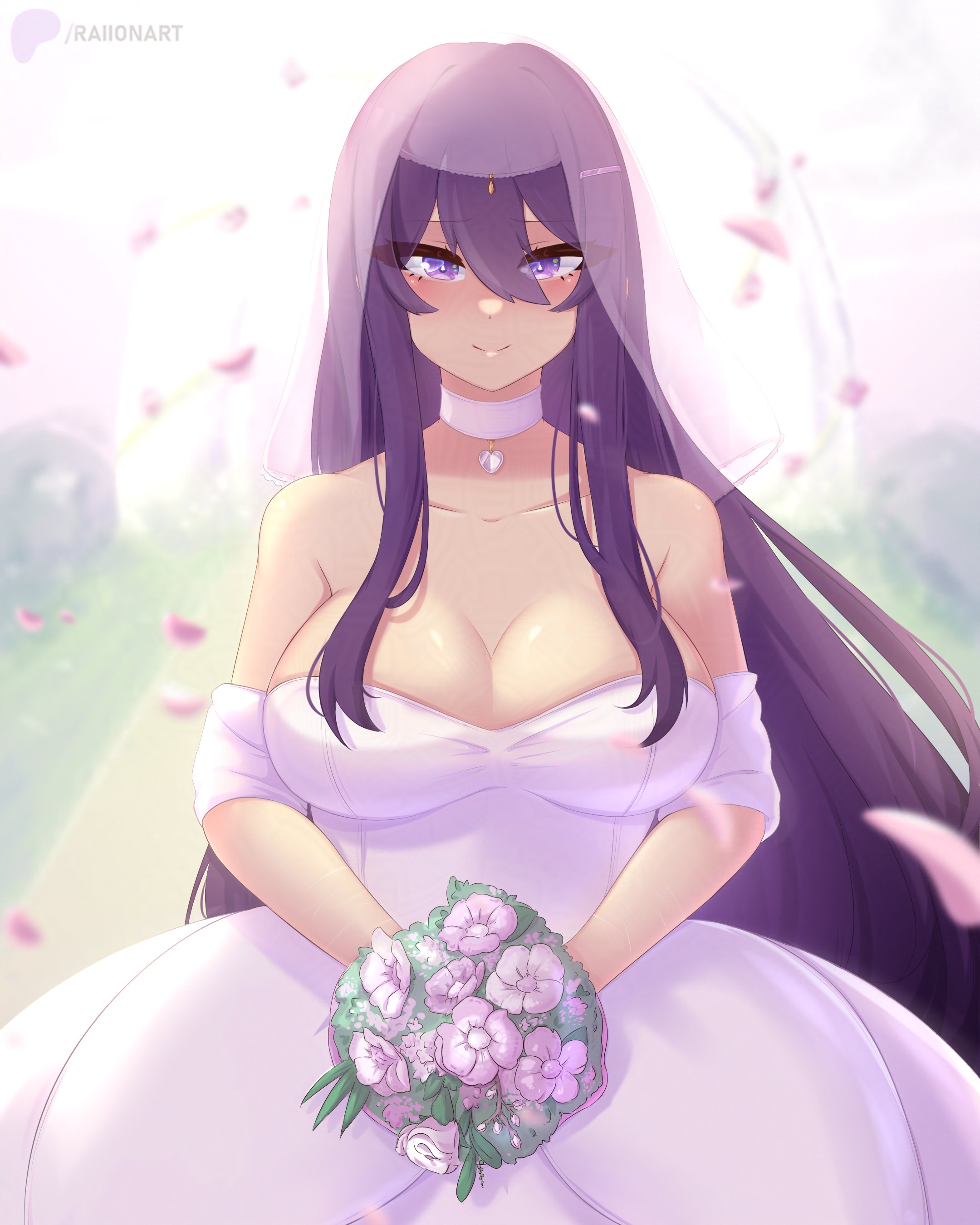 1girls, absurd res, artist name, bare shoulders, big breasts, blush, bouquet, breasts, bridal veil, bride, busty, choker, cleavage, clothed, clothing, cute, doki doki literature club, dress, female, female only, flower, flowers, hair between eyes, hi res, holding, holding bouquet, holding flower, holding flowers, holding object, large breasts, light skin, long hair, looking at viewer, matching hair/eyes, petals, purple eyes, purple hair, raionart, scar, scars on arm, self-harm scars, smile, smiling at viewer, solo, solo female, solo focus, veil, wedding, wedding dress, white clothing, white dress, wholesome, yuri (doki doki literature club)