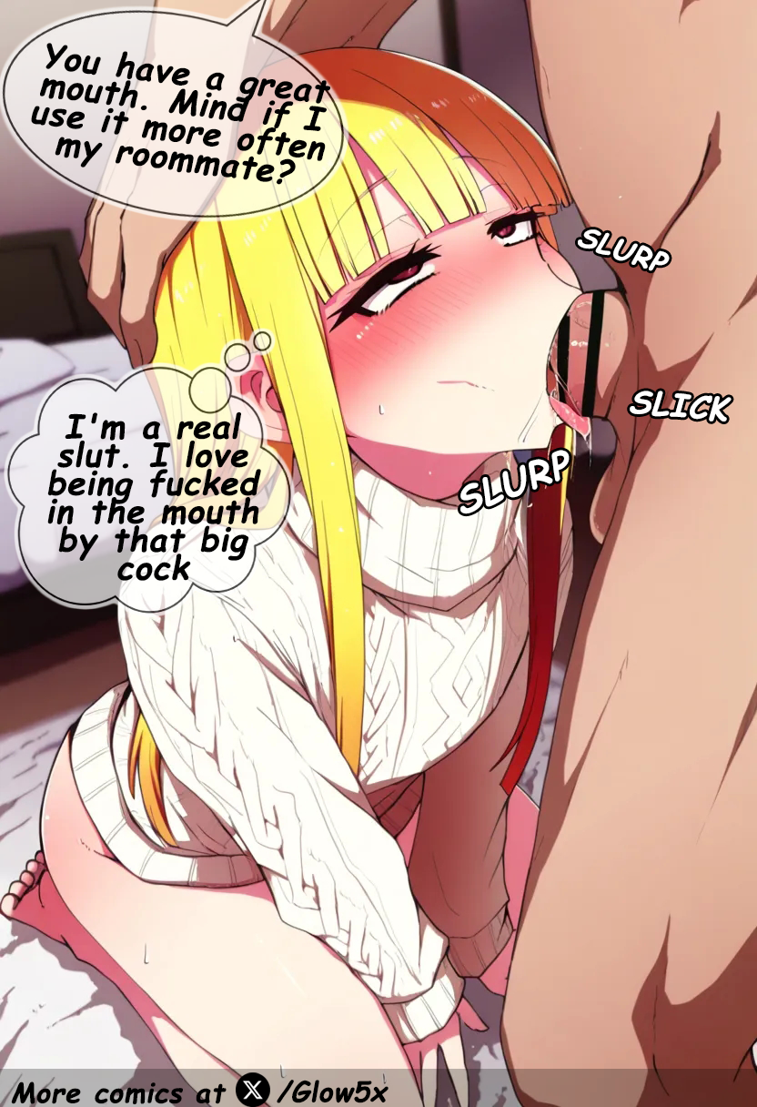 :>=, 2boys, absurd res, absurdres, ai assisted, ai generated, ass, balls, barefoot, big ass, blowjob, bottomless, bright colors, bulge, crossdressing, deepthroat, drooling, english text, female, femboy, feminine body, feminine boy, feminine male, feminization, flat chest, full body, full length, glow, glow5x, high resolution, highres, hime cut, lip expansion, looking at viewer, male, naughty face, oral, oral sex, original, original artwork, original character, otoko no ko, red eyes, self upload, shiny skin, sissy, text, text bubble, tomgirl, trap, watermark, white sweater, wide hips, yellow hair