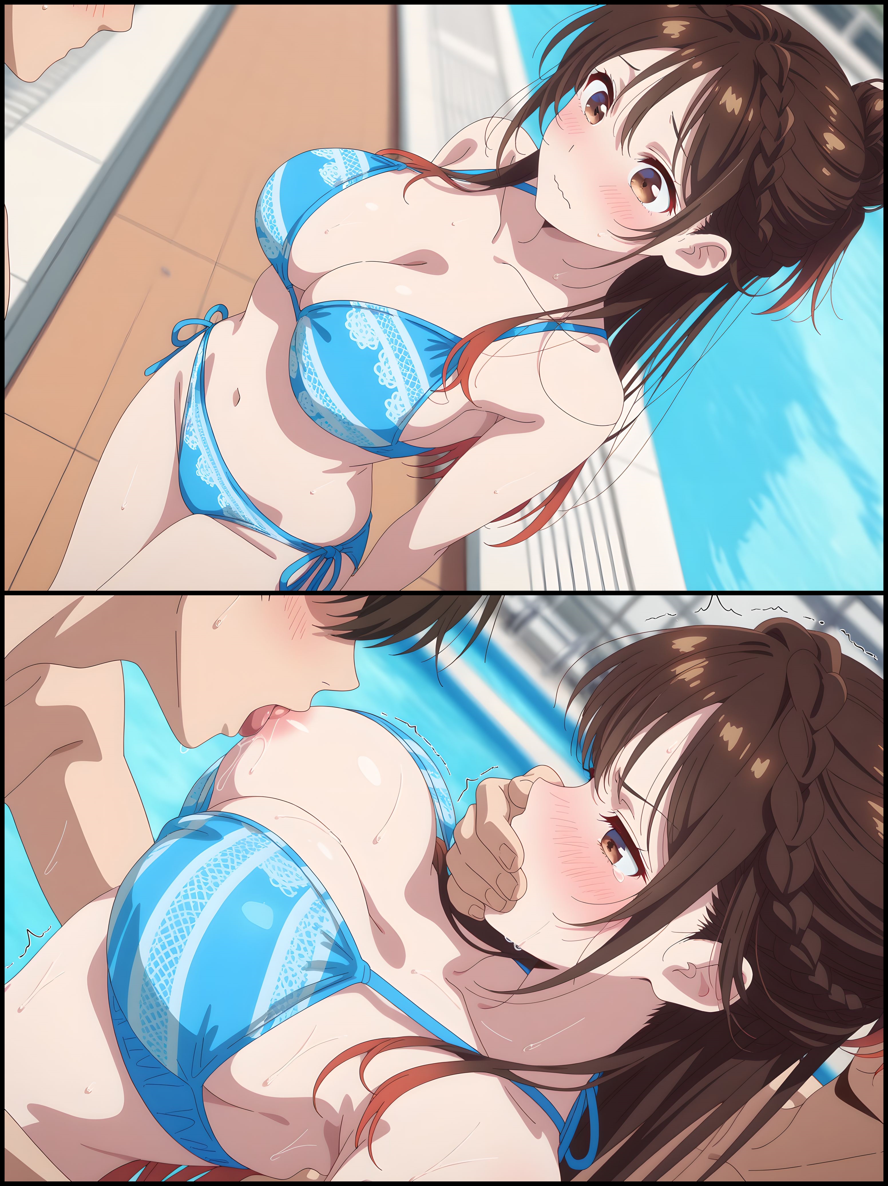 1girls, 2boys, ai generated, big breasts, bikini, blue bikini, blush, breast sucking, forced sex, kanojo okarishimasu, lovehuwu, mizuhara chizuru, one breast out, pool