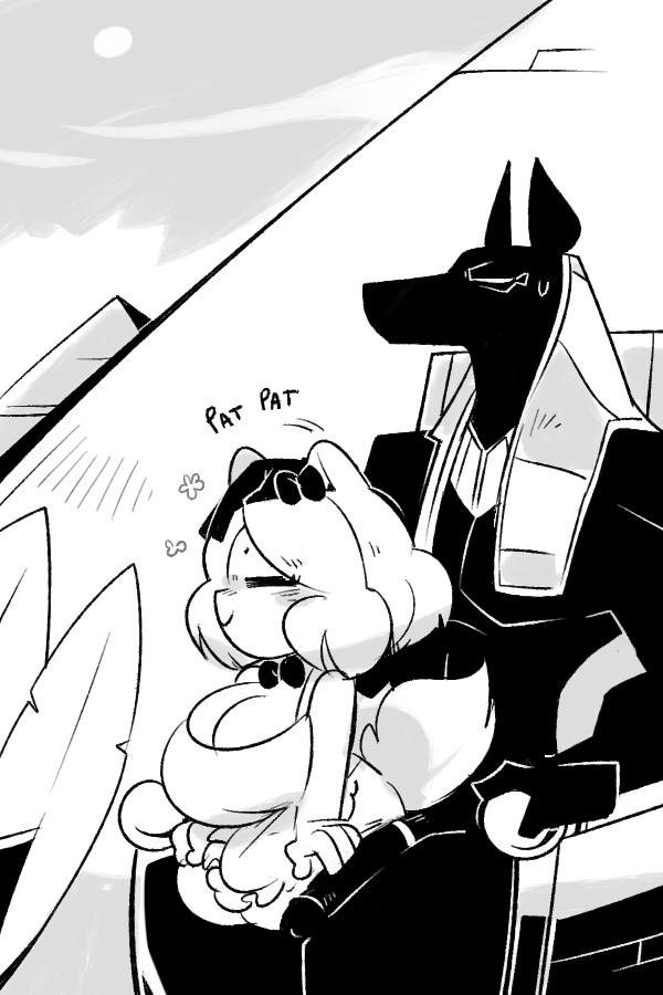 anthro anubian_jackal anubis big_breasts black_and_white breasts canine cleavage clothed clothing deity feline feline female gats jackal larger_male male mammal monochrome penis petting size_difference smaller_female sugar_(gats) sweat sweatdrop