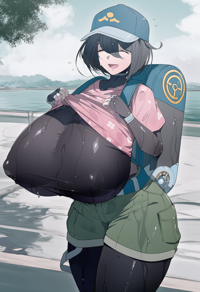 ai generated, black hair, breasts bigger than head, female protagonist (pokemon ww), game freak, huge breasts, nintendo, oh yuae, outdoors, pokemon, pokemon ww, solo
