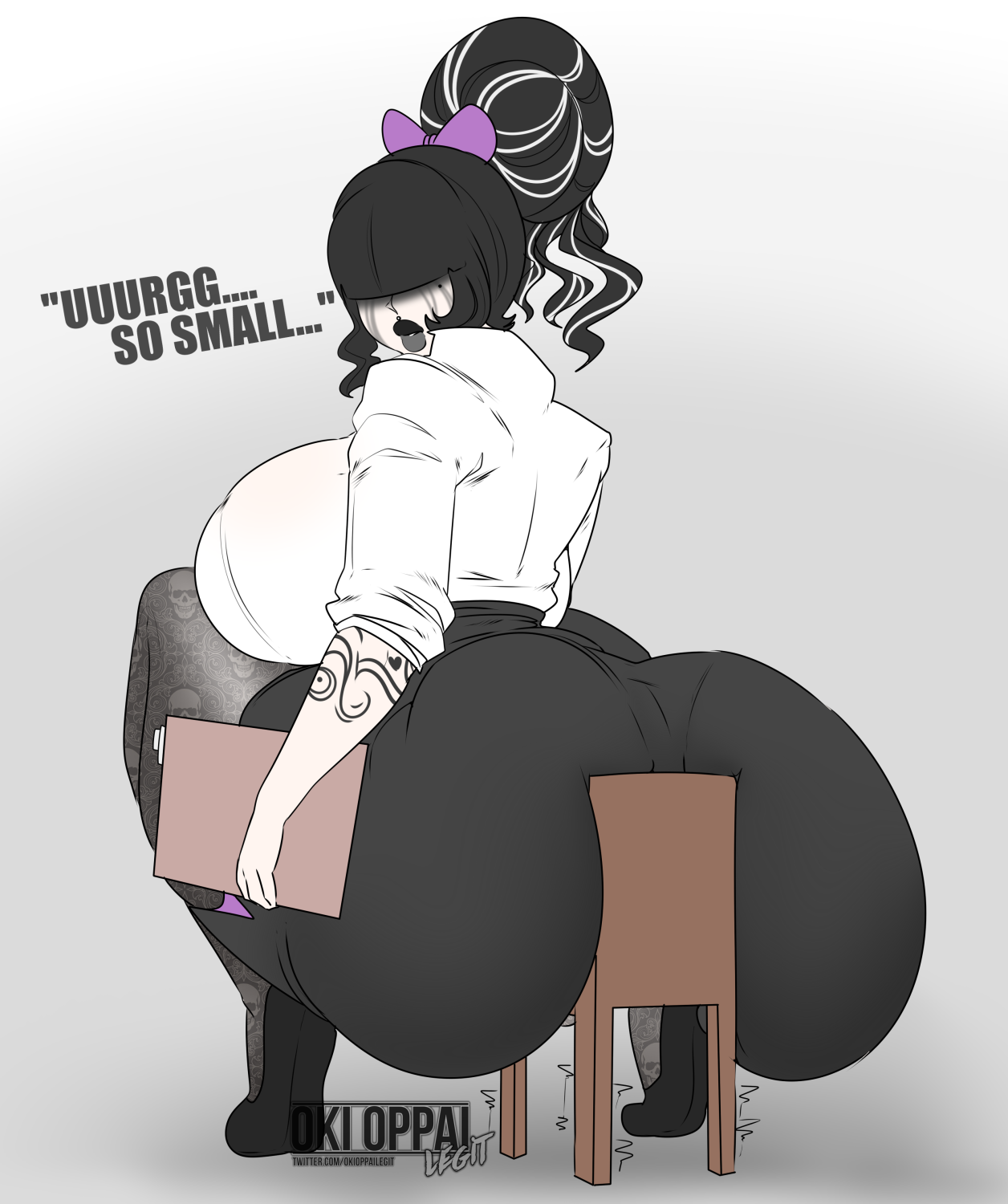 1girls, ass, ass focus, ass too big, black hair, business suit, chair, clipboard, female, giantess, goth, large female, massive ass, mini giantess, okioppai, purple bow, secretary goth (okioppai), tall female