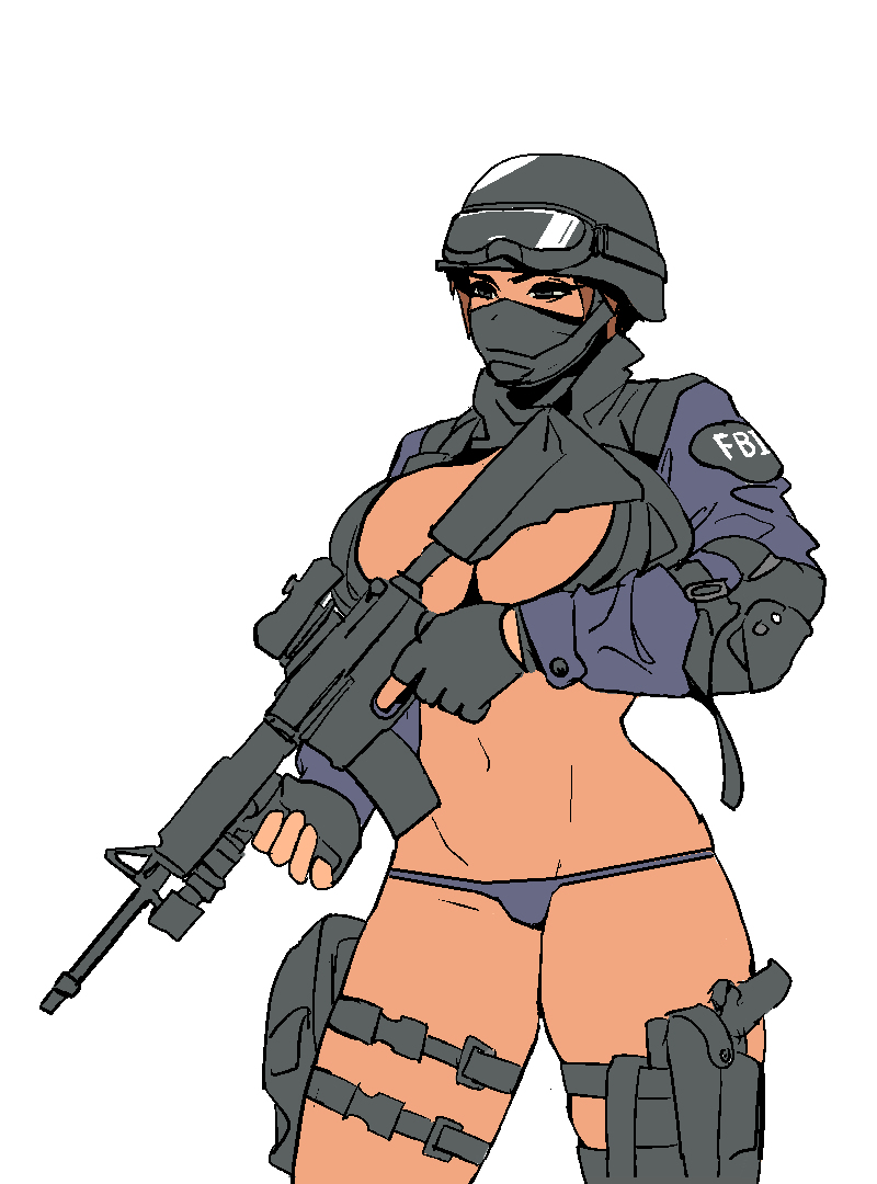 big breasts, breasts, curvy, curvy female, curvy figure, curvy hips, fbi, female, gloves, gun, helmet, helmet with visor, mango cage, mangomango, mouth mask, police, policewoman, spooky milk life, thong, white background