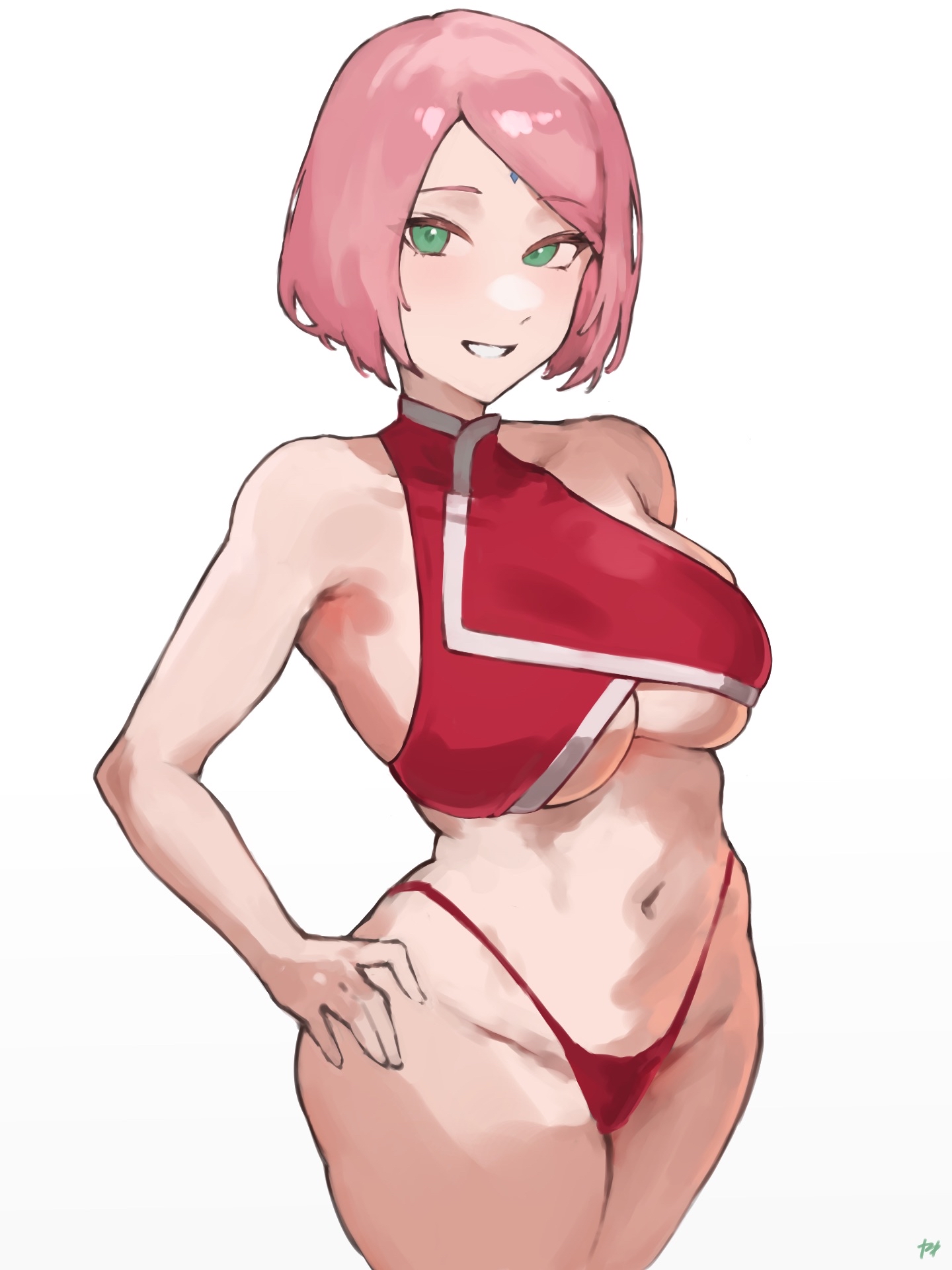 1girls, adult, adult female, bare armpits, bare arms, bare belly, bare hands, bare hips, bare legs, bare midriff, bare navel, bare shoulders, bare skin, bare thighs, belly, belly button, breasts, busty, busty female, collarbone, curvaceous, curvaceous body, curvaceous female, curvaceous figure, curvaceous hips, curvaceous thighs, curvy, curvy body, curvy female, curvy figure, curvy hips, curvy thighs, exposed armpits, exposed arms, exposed belly, exposed hips, exposed legs, exposed midriff, exposed navel, exposed shoulders, exposed skin, exposed thighs, eyebrows visible through hair, female, female focus, female only, fingers, fukuya art, green eyes, green-eyed female, groin, high resolution, highres, hourglass figure, large breasts, lean figure, looking at viewer, mature, mature female, medium hair, midriff, narrow waist, naruto, naruto (series), navel, parted bangs, parted lips, pink eyebrows, pink hair, pink-haired female, sakura haruno, shoulders, simple background, slender body, slender waist, slim waist, smile, smiley face, smiling, smiling at viewer, solo, standing, thick thighs, thighs, upper body, white background, wide hips