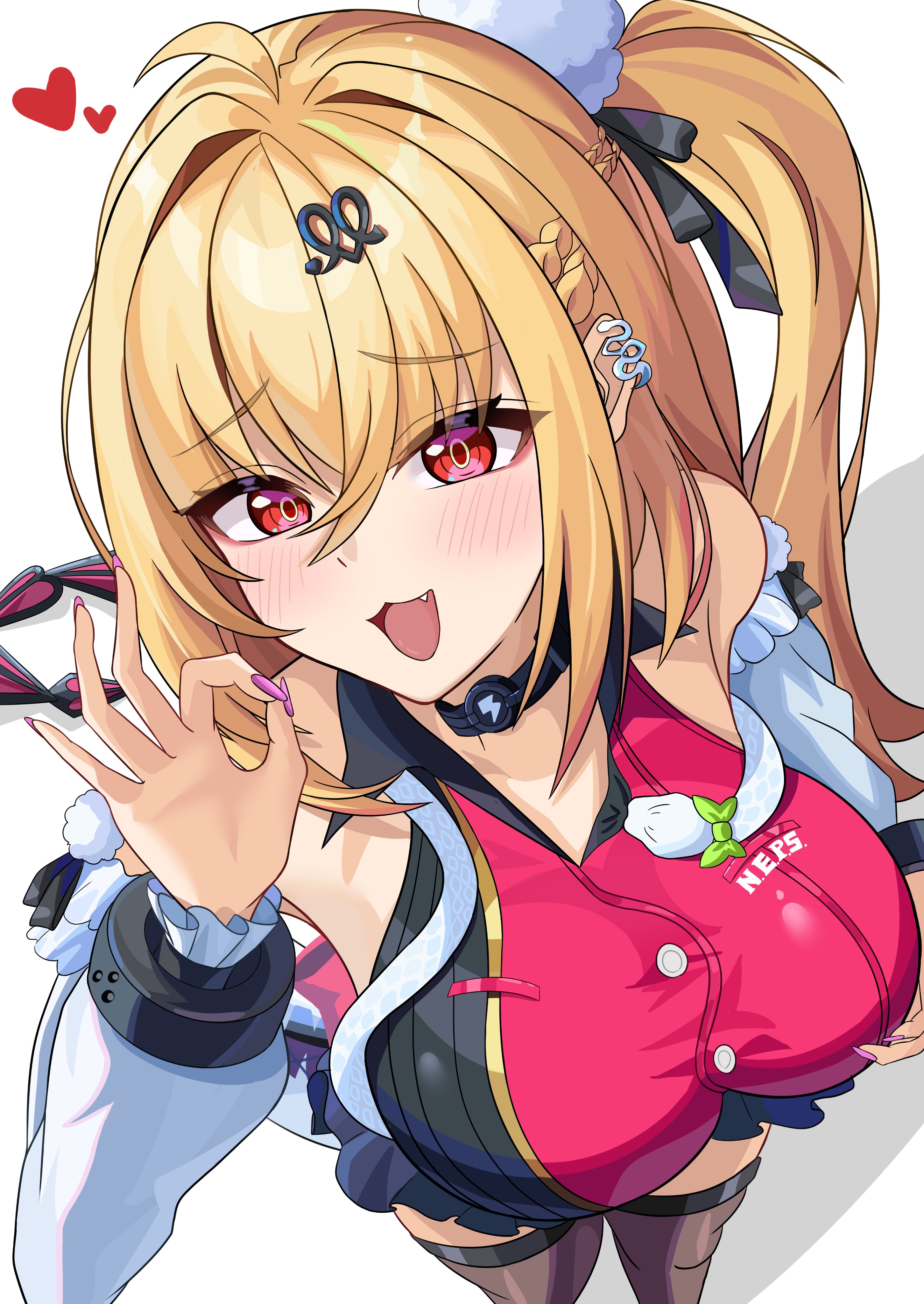 1girls, absurdres, ahoge, bare shoulders, big breasts, blonde hair, blowjob gesture, blush, breasts, brown thighhighs, cissia (zenless zone zero), colored nails, commentary request, detached sleeves, female, female only, fingernails, from above, hair between eyes, hair ornament, hairclip, heart, highres, large breasts, long hair, long nails, looking at viewer, metal wrist cuffs, oerba yun fang, ok sign, ouichi, painted nails, purple nails, red eyes, shock collar, simple background, snake, snake girl, snake tail, solo, tail, thighhighs, white background, white snake, zenless zone zero