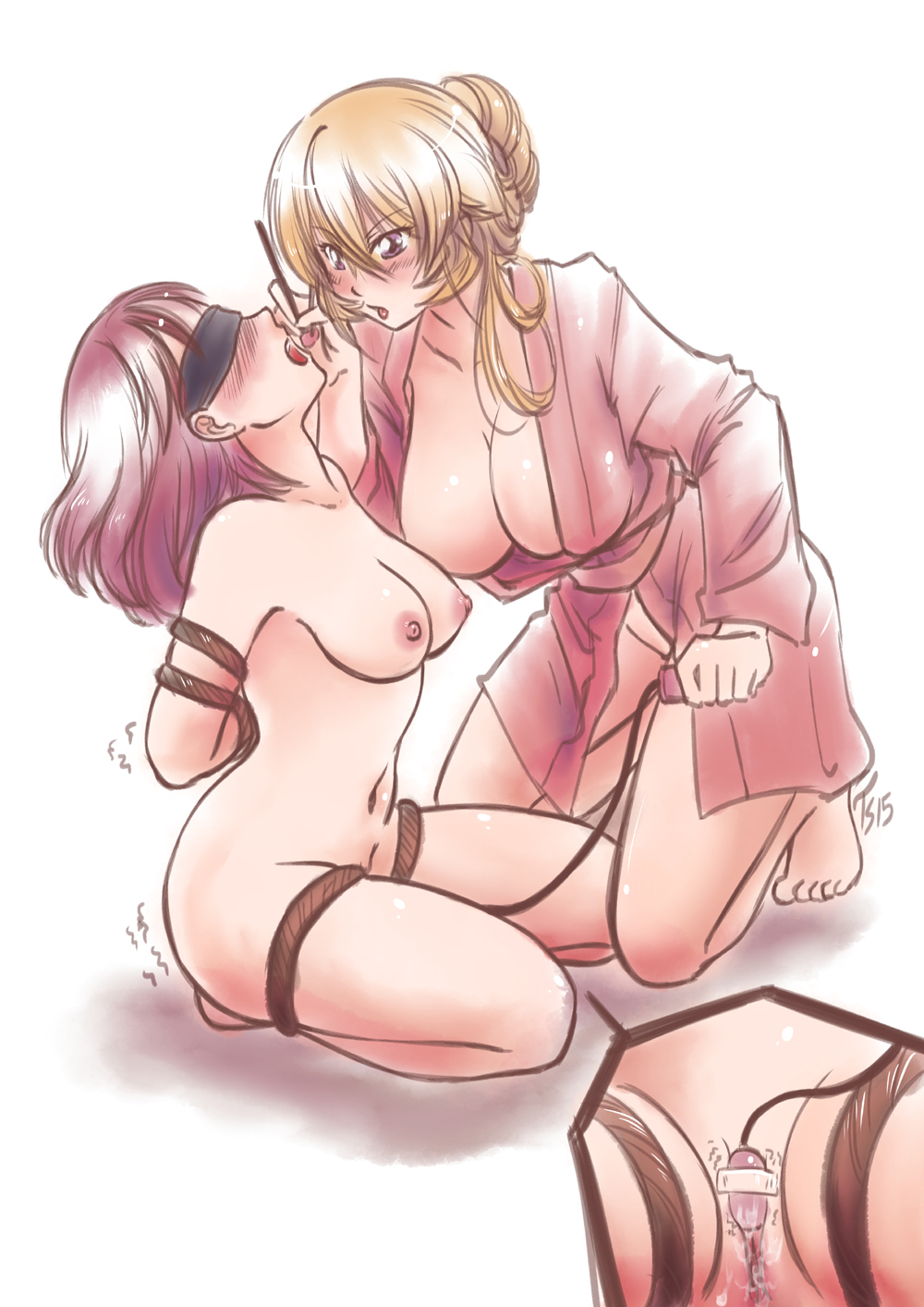 2girls, arato hisako, arms behind back, bathrobe, blindfold, blonde hair, blonde-haired female, bondage, breasts, feeding, female, femdom, femsub, food, kneeling, nakiri erina, pink hair, pink-haired female, restrained, robe, shokugeki no souma, tetisuka, tied, vibrator, yuri