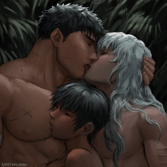 1girls, 2boys, akistrike, berserk, bisexual, bisexual male, casca, female, female supporting yaoi, gay, griffith, guts (berserk), kissing, kissing chest, male, nosferatubean, painting (artwork), scars, very short hair