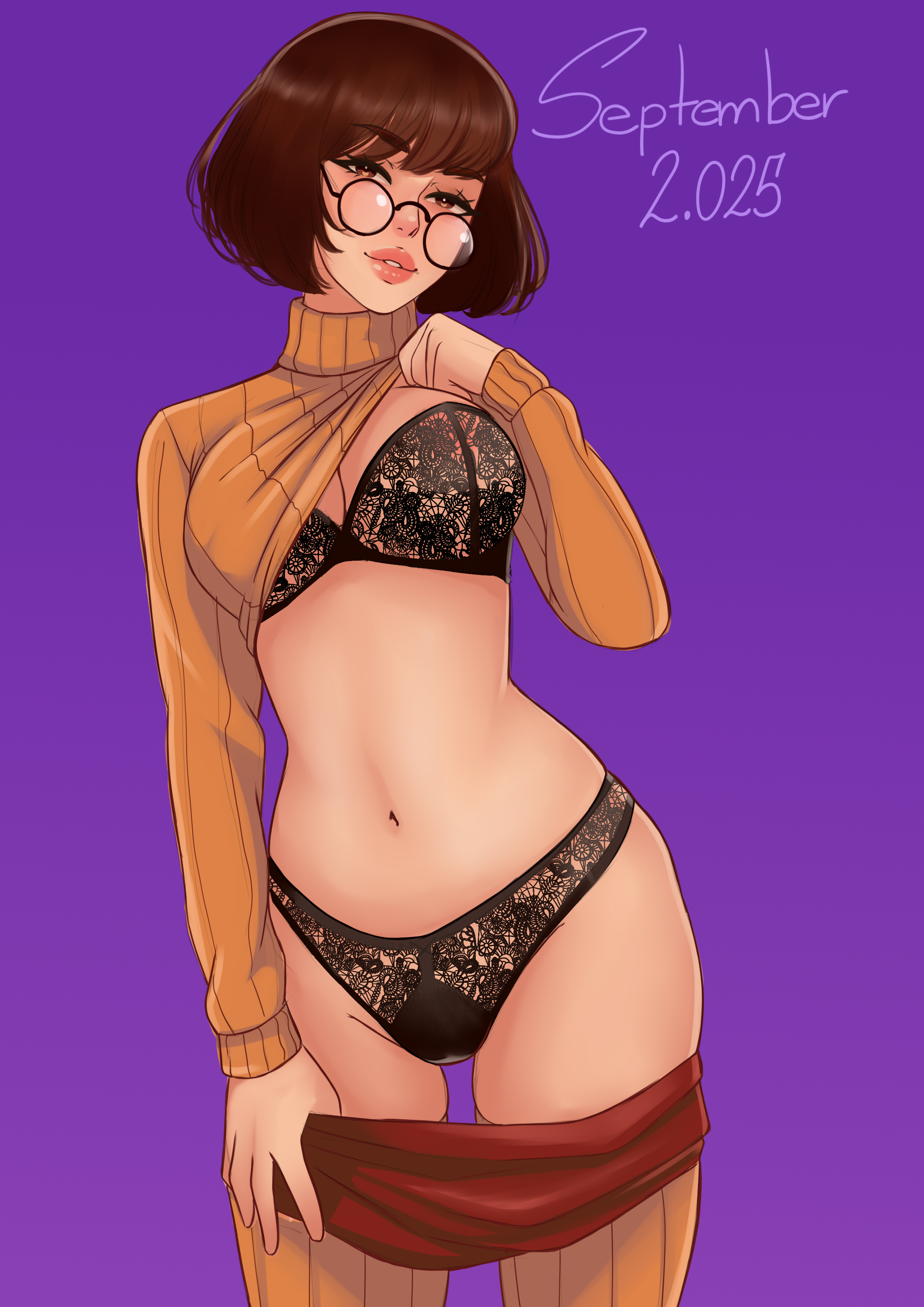 1girls, bra, brown hair, female, glasses, panties, salsdraws, scooby-doo, skirt down, solo, sweater lift, velma dinkley