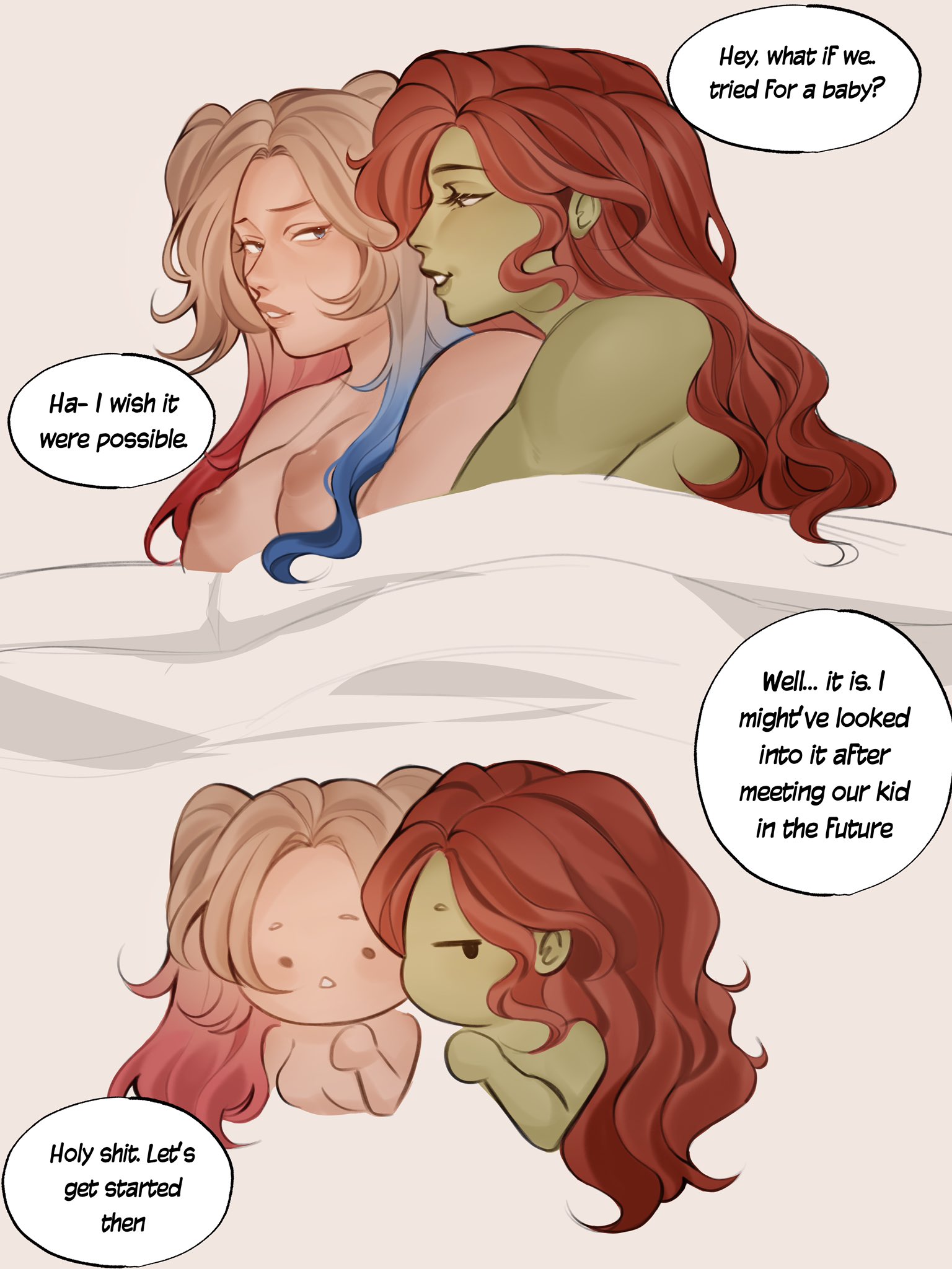 2023, 2girls, areolae, batman (series), blonde hair, breasts, chibi style, dc, dc comics, dialogue, english text, female, female only, female/female, green skin, harley quinn, hi res, highlights (coloring), lesbeanlatte, light skin, light-skinned female, nipples, nude, nude female, on bed, poison ivy, red hair, sapphyxiate, simple background, speech bubble, twintails, under sheets, yuri