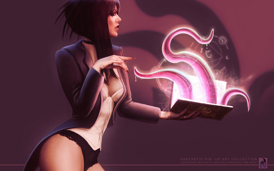 book book_tentacles breasts choker cleavage fantasio_fine_arts female hair oliver_wetter solo spellbound spellbound_iii standing summoning tentacle tentacle_summoning