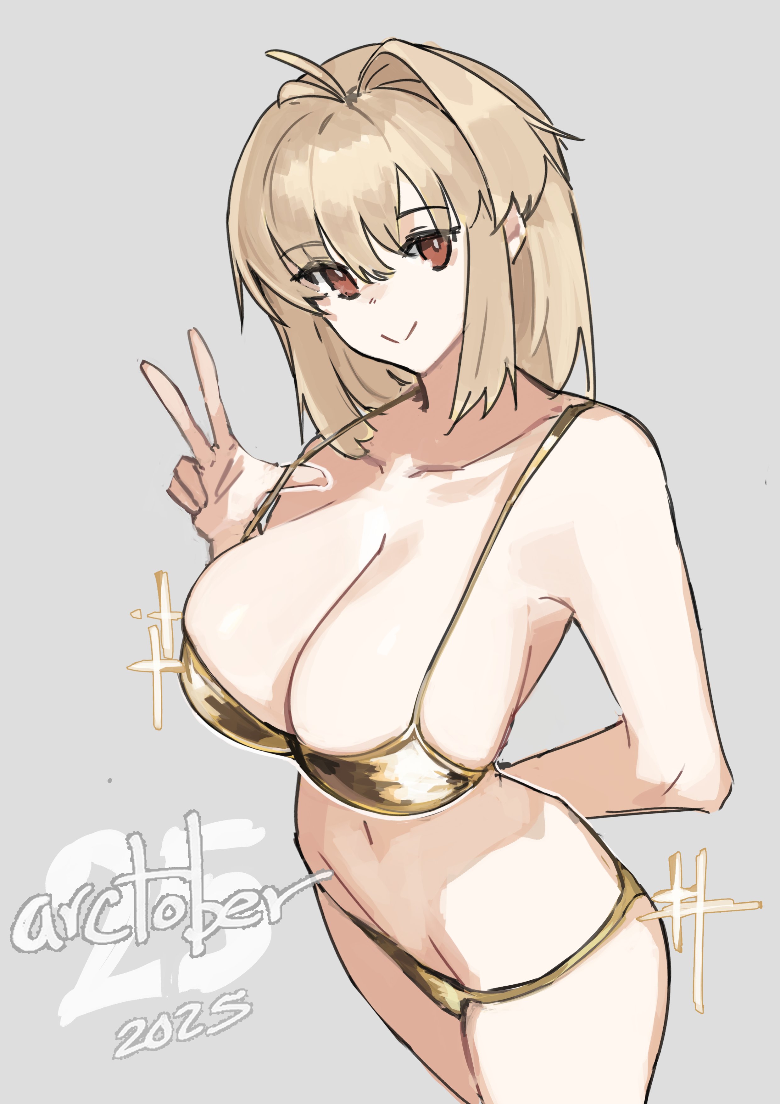 1girls, ahoge, arcueid brunestud, arm behind back, big breasts, bikini, blonde hair, breast focus, breasts, breasts bigger than head, female, gold bikini, golden bikini, golden week, hair between eyes, hair intakes, huge breasts, jonyeld, large breasts, looking at viewer, melty blood, presenting breasts, red eyes, short hair, simple background, smile, swimsuit, thick thighs, thighs, top heavy, tsukihime, tsukihime (remake), v, wide hips