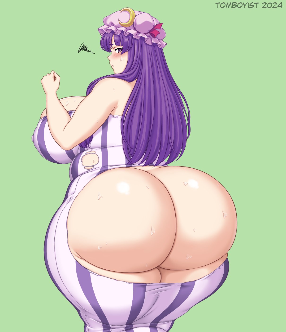 1girls, alternate breast size, ass, ass body, ass focus, ass out, bbw, big ass, big butt, blush, breasts, butt focus, concerned, dripping, embarrassed, exposed butt, fat ass, female, from behind position, huge ass, huge breasts, huge butt, looking back, looking down, patchouli knowledge, plump, ripped clothing, ripped pants, shiny, shiny skin, sweat, thick ass, thick butt, thick thighs, thunder thighs, tomboyist, torn clothes, torn open bottoms, touhou, voluptuous