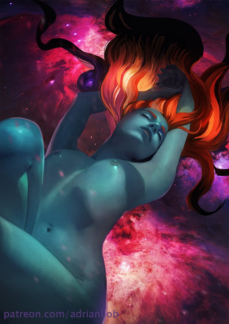 adrianwolve blue_skin female_only galaxy naked red_hair solo_female tagme