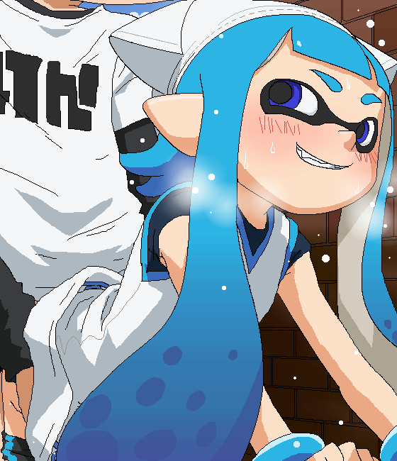 blue_eyes blush cosplay from_behind ikamusume inkling inkling_boy inkling_girl nintendo smile splatoon squid tomu_(tomubobu) white_hat