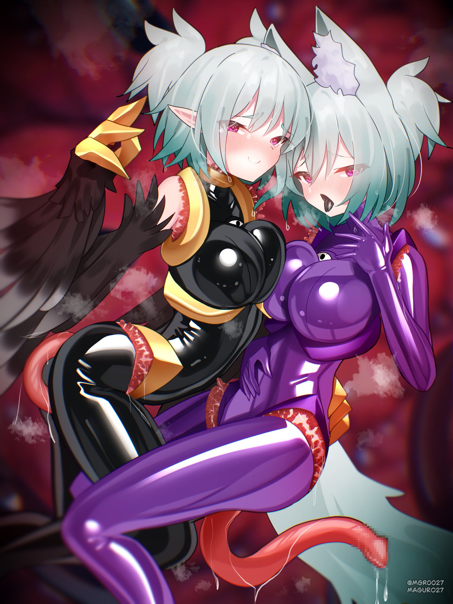 biosuit, bodysuit, breast press, breasts, duo, female, female only, latex, maguro27, shiny, shiny clothes, yuri