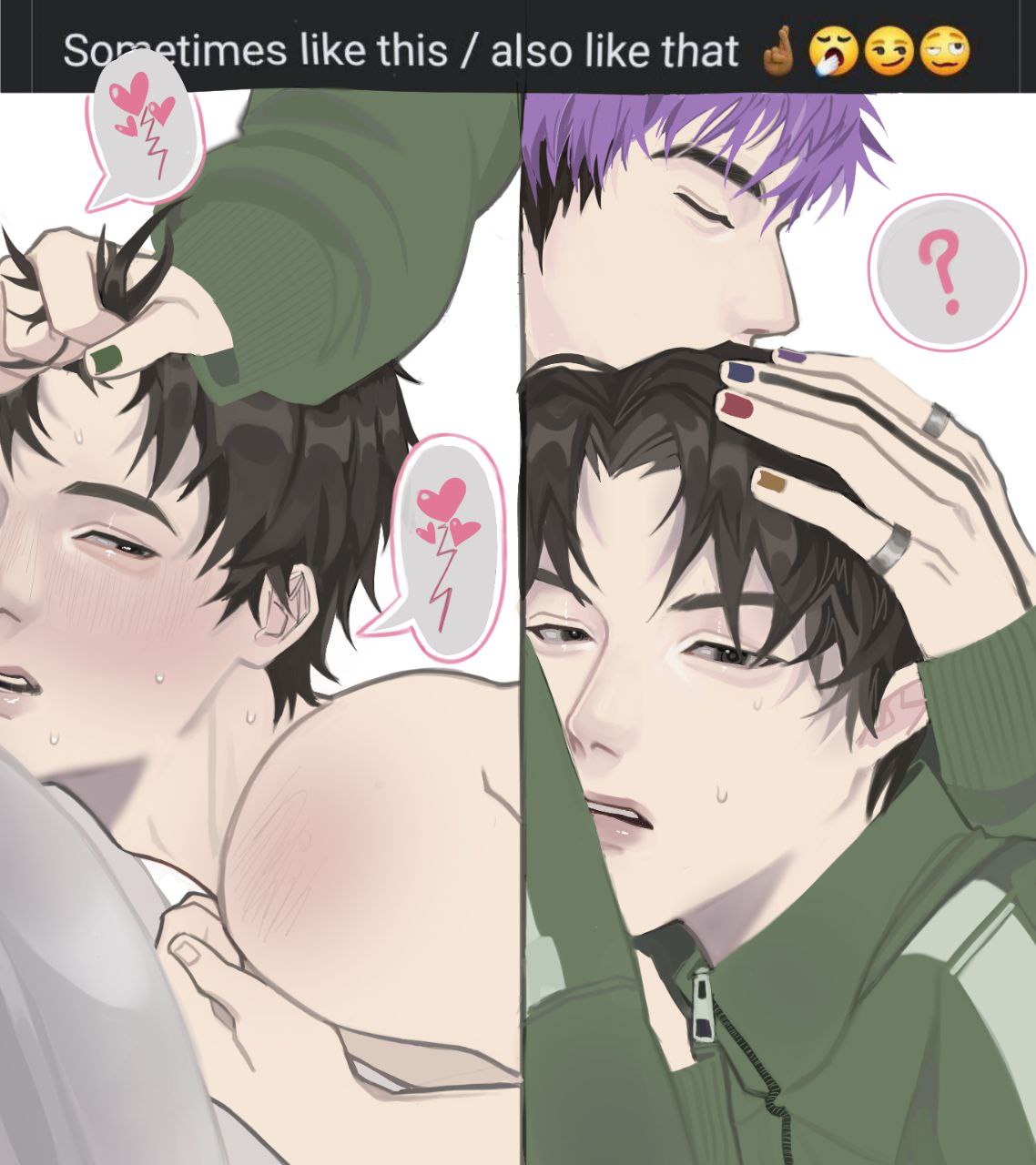 2boys black_hair blush blushing face_closeup gay gay_sex holding holding_head implied_sex kissing lee_myung-gi meme_reference no_visible_genitalia painted_nails pretty_boy pulling_hair purple_hair squid_game tattoo tattoos thanos_(squid_game)