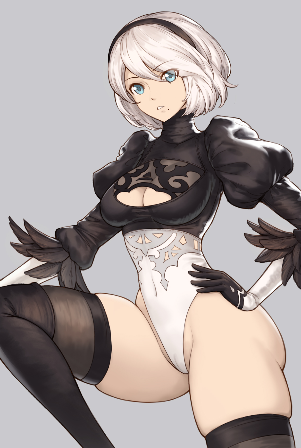 1girls, android, ass, blue eyes, boots, breasts, cameltoe, cleavage, clothed, clothing, female, female only, hand on hip, large breasts, leotard, looking at viewer, nier: automata, partially clothed, pussy, short hair, solo, standing, thick thighs, thighhighs, thong, thong leotard, tight clothing, white hair, yorha 2b