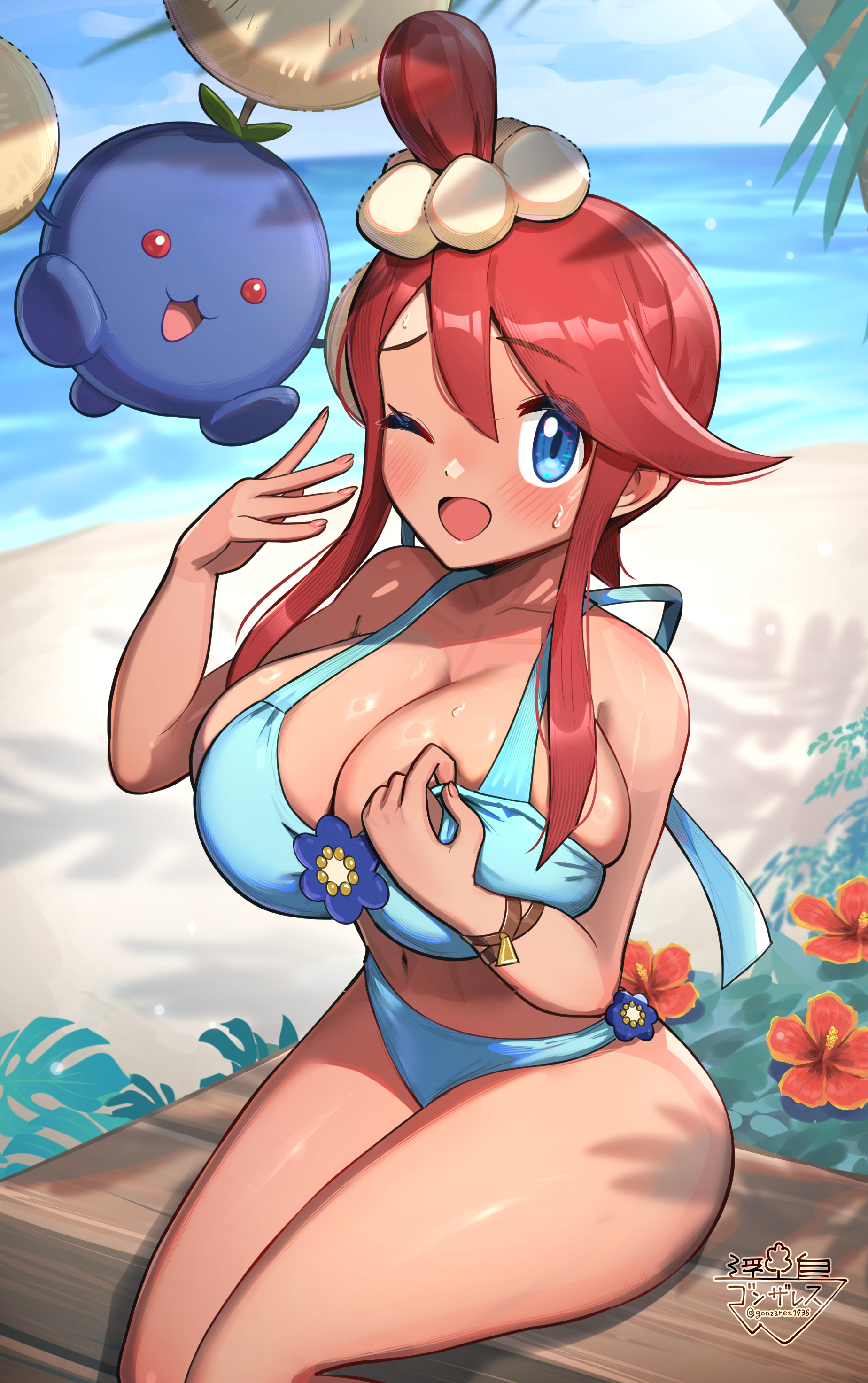 1girls, absurdres, artist logo, beach, big breasts, bikini, blue bikini, blue eyes, blue flower, blush, breasts, cleavage, commentary request, day, fanning self, feet out of frame, female, flower, gen 2 pokemon, gonzarez, hair between eyes, hibiscus, highres, hot, jumpluff, large breasts, logo, looking at viewer, nintendo, ocean, one eye closed, one side up, open mouth, outdoors, pokemon, pokemon (creature), pokemon masters, pokemon masters ex, red flower, red hair, shore, sidelocks, simple background, sitting, skyla (pokemon), skyla (summer 2025) (pokemon masters), sweat, swimsuit, twitter username