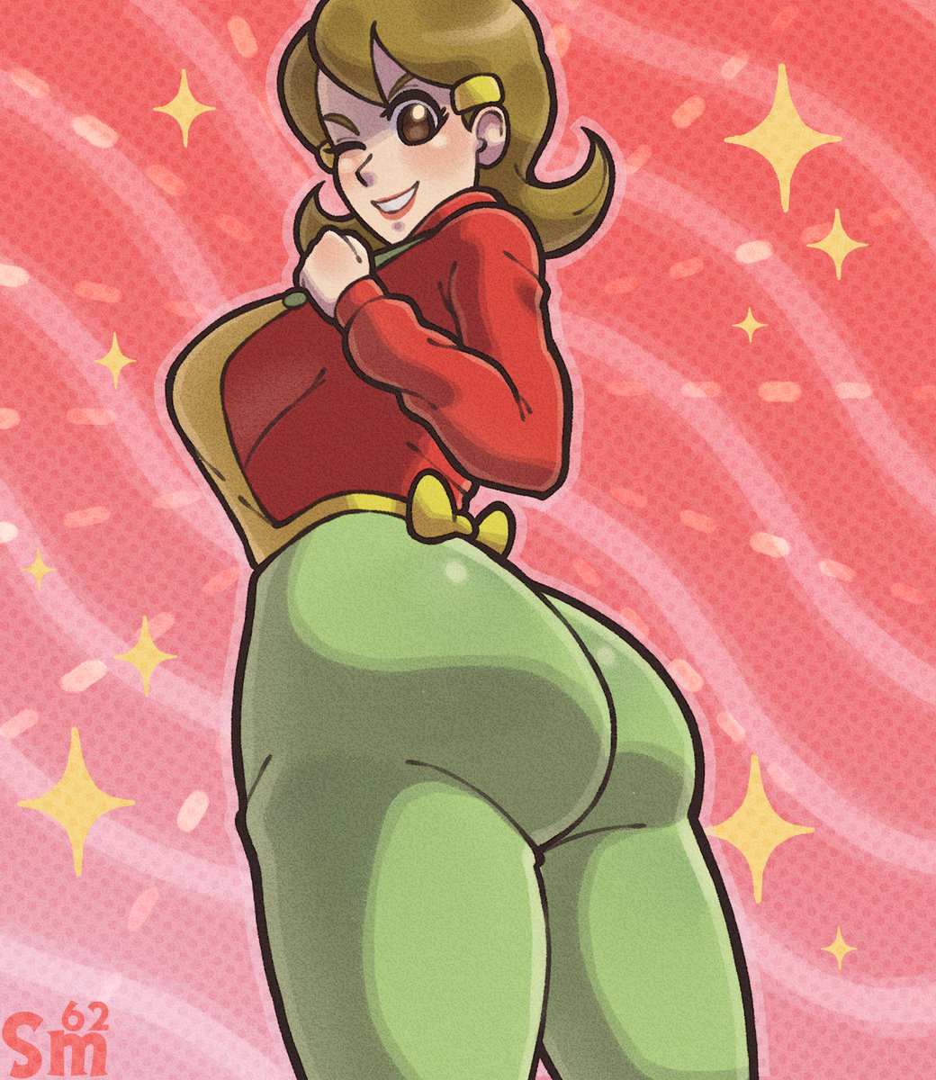 1girls, 2025, 2d, 2d (artwork), 5-volt, apron, artist signature, ass, big ass, big breasts, big butt, bottomwear, breasts, brown eyes, brown hair, clothed, clothed female, clothing, female, female only, fully clothed, green pants, hair, looking at viewer, looking back, mature, mature female, mature woman, milf, mother, one eye closed, pants, questionable, red shirt, samario, shirt, smile, solo, solo female, sparkles, topwear, warioware, wink, winking, winking at viewer, yellow apron