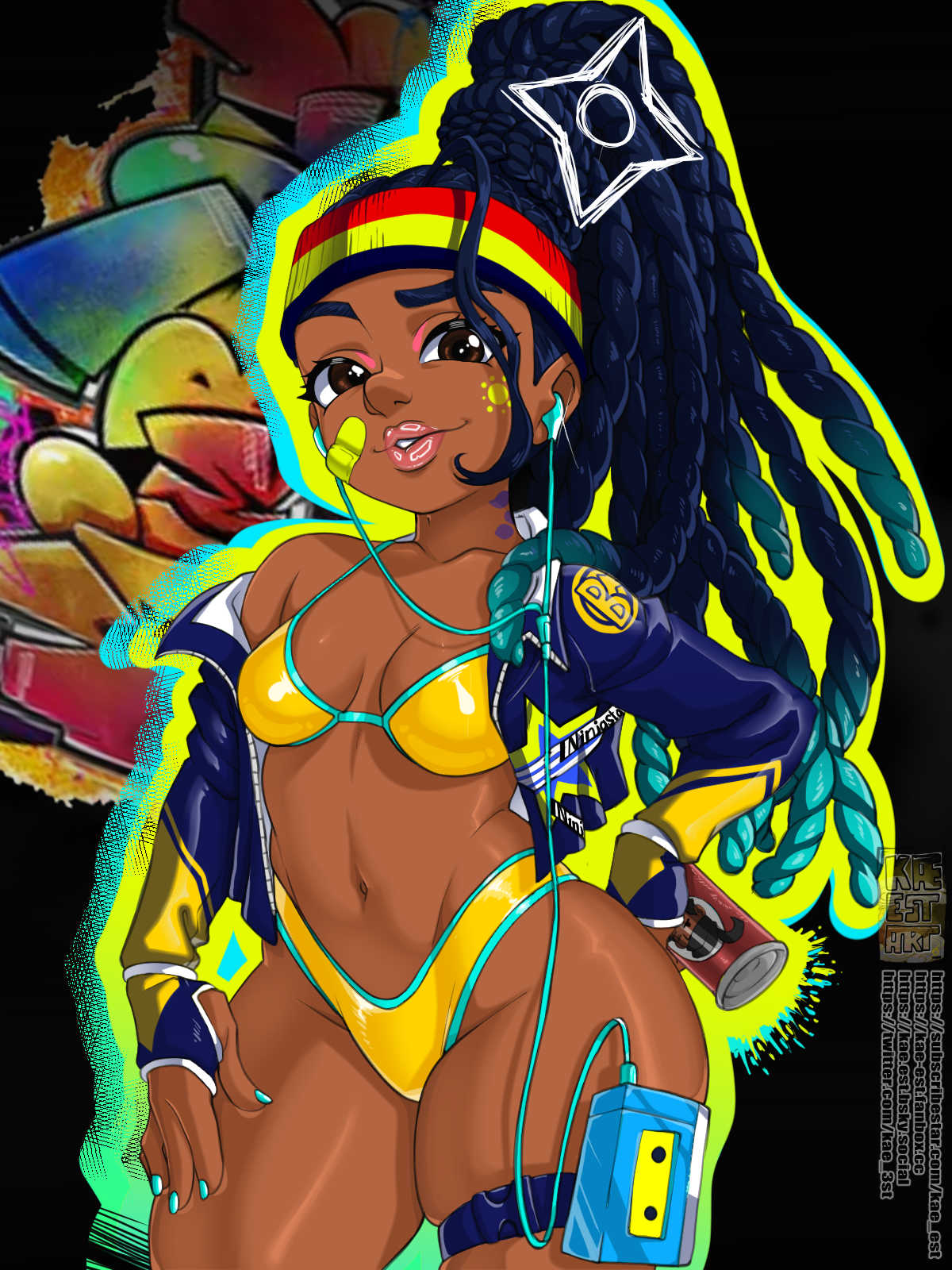 1girls, aqua hair, aqua nails, bandaid, bandaid on face, bikini, black hair, breasts, brown eyes, clothing, cyan nail polish, dark skin, dark-skinned female, derivative work, dreadlocks, earbuds, electronics, female, hand on hip, headband, human, jacket, kae-est art, kimberly jackson, lipstick, luscious lips, makeup, nail polish, navel, neck tattoo, official alternate costume, open jacket, painted nails, pink lipstick, ponytail, shiny lips, shortstack, shortstackification, skindentation, small breasts, solo, street fighter, street fighter 6, thick lips, thick thighs, thigh strap, walkman, wide hips, yellow bikini