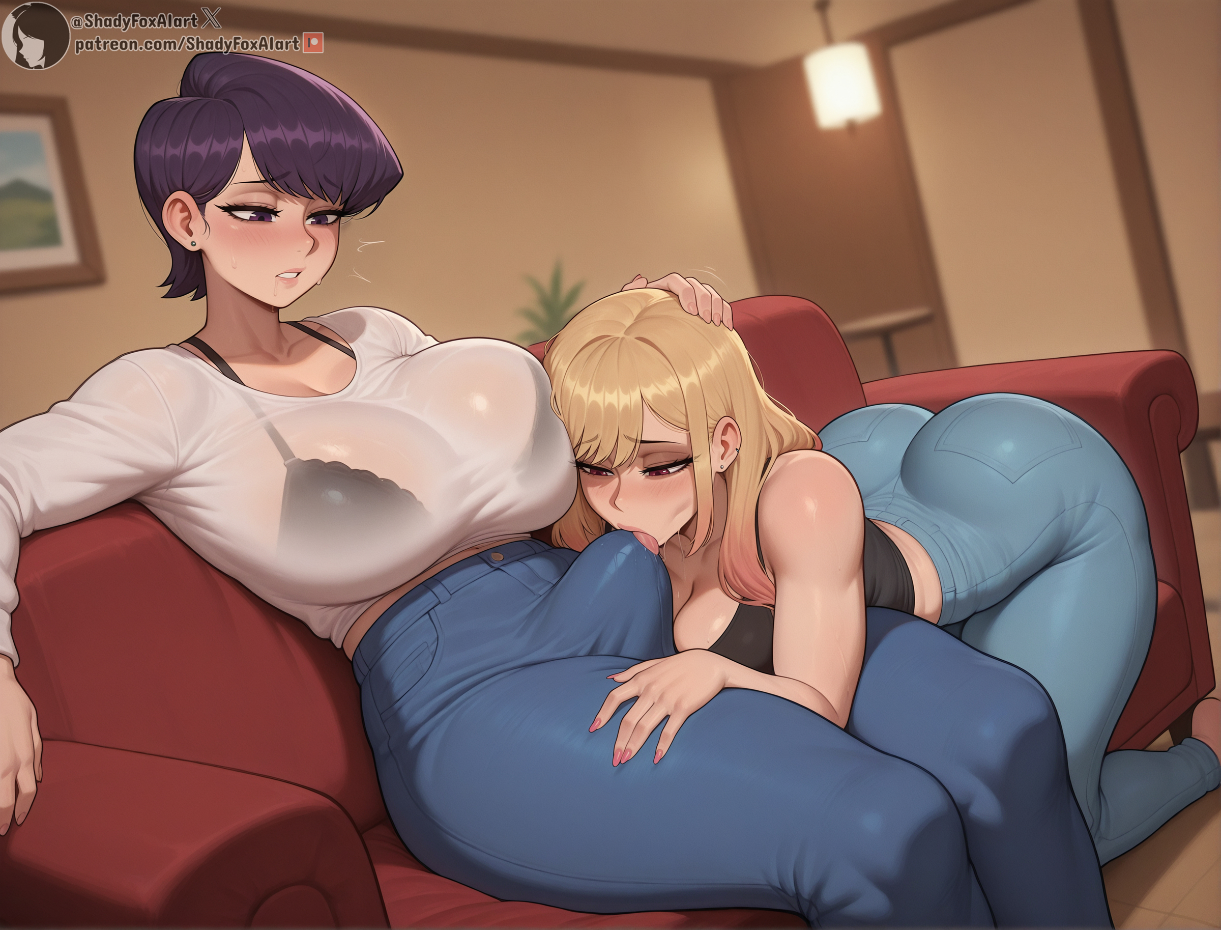 2025, 2futas, ai generated, ass, big ass, big breasts, blonde hair, blush, bra, bra visible through clothes, breasts, bulge, bulge through clothing, couch, erection, erection under clothes, futa on futa, futa only, futanari, gradient hair, half-closed eyes, hand on another's head, high resolution, highres, indoors, intersex, jeans, kitagawa marin, komi shuuko, komi-san wa komyushou desu, licking, licking bulge, licking penis, lips, long hair, long sleeves, motion lines, penis, pink hair, purple eyes, purple hair, saliva, self upload, shadyfox, shirt, short hair, sitting, sono bisque doll wa koi wo suru, stable diffusion, tongue, two-tone hair