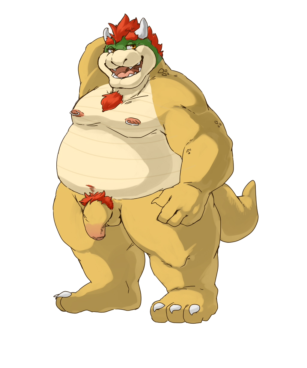 1boy anthro arm_up bowser donguri feet flaccid full_body fur male male_only mario_(series) nintendo nipples nude open_mouth penis simple_background smile solo standing teeth tongue white_background